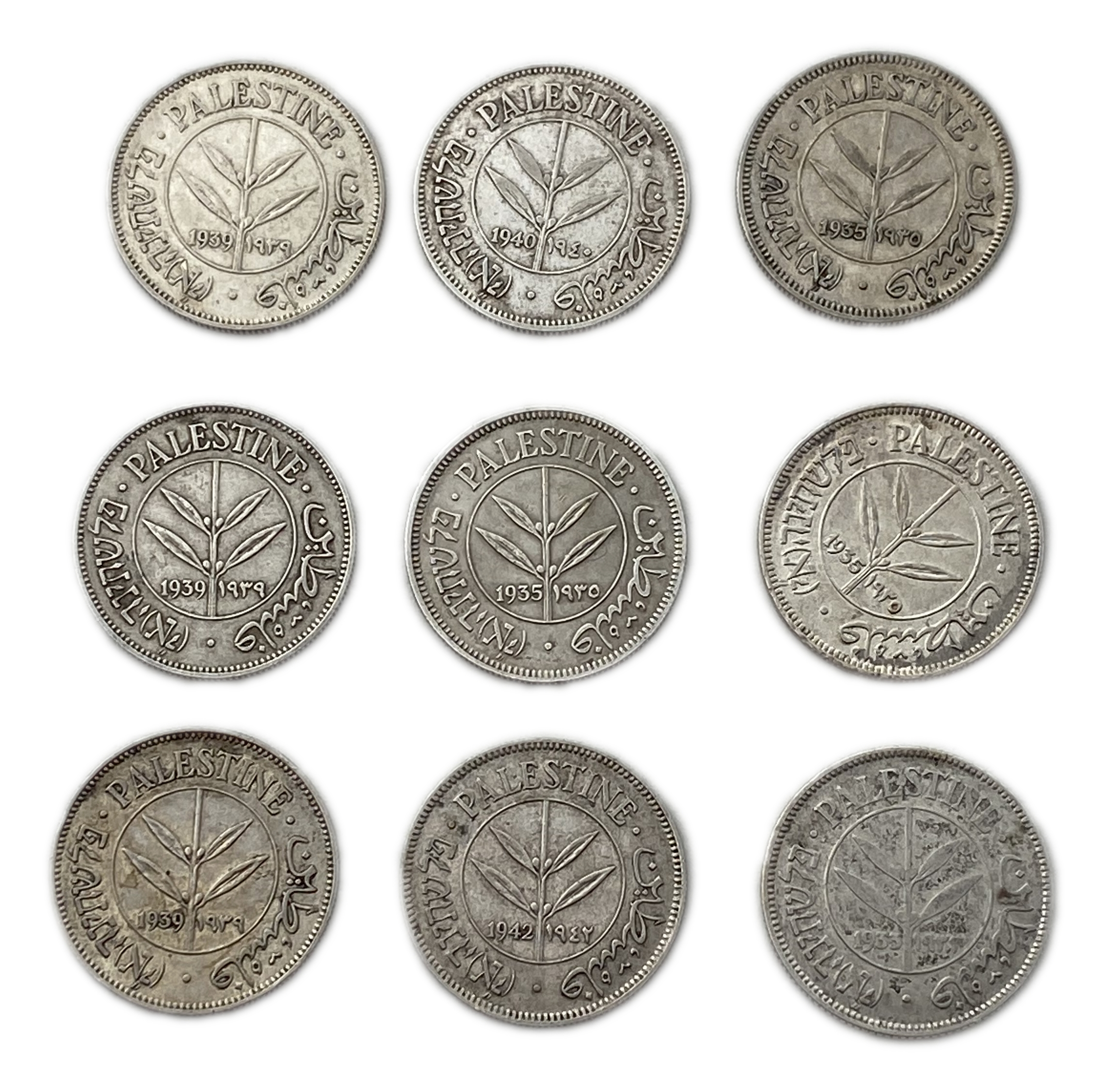 Palestine – Lot of 9 coins of 50 Mils 1935, 1939, 1940, 1942 – F-VF - 1 0
