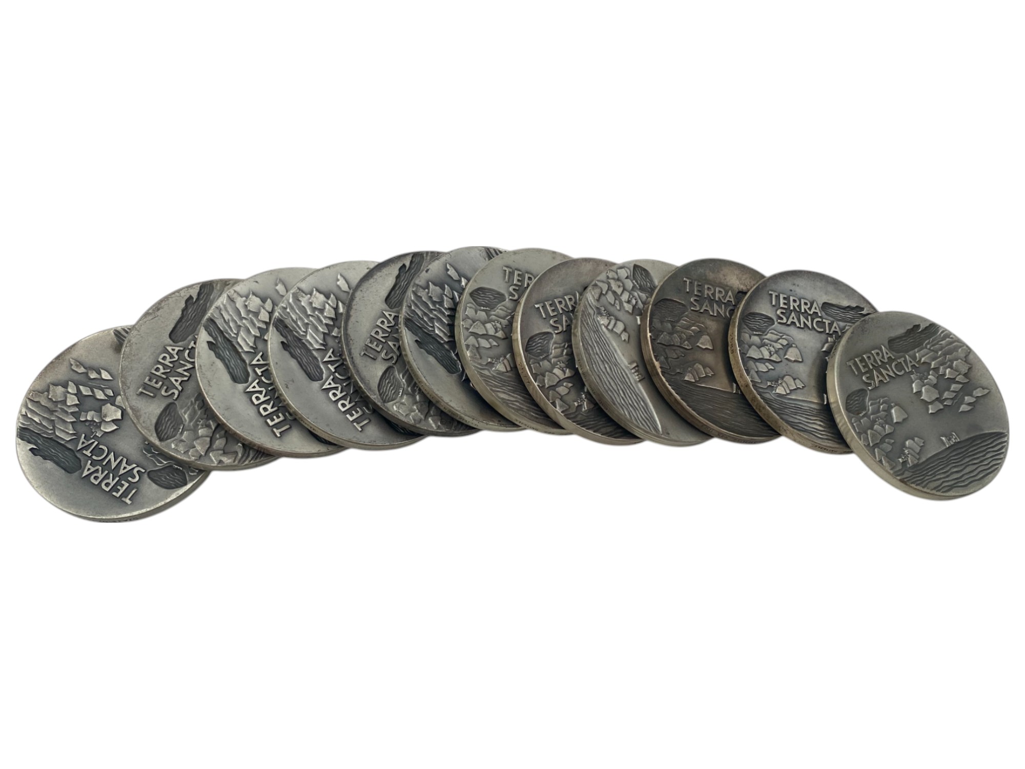 Israel – Pilgrims, Lot of 12 Terra Sancta State Medals, 1963 – Silver 935, 115g (Total NET silver 1,290.3g), 59mm - 1 0