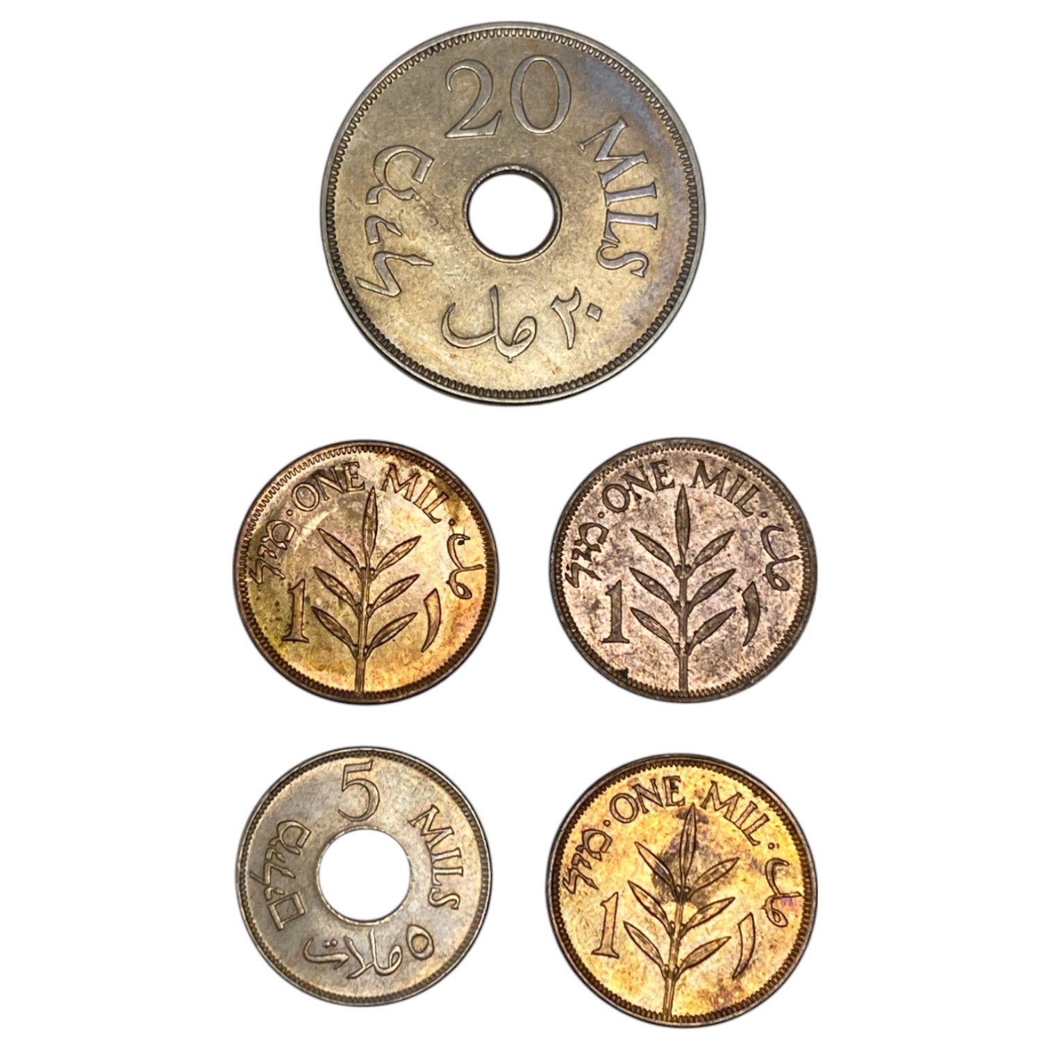 Palestine - Set of 5 coins 1 mil 1943, 1946, 5 Mil 1927, 20 mil 1935 - AU conditions - 1 1