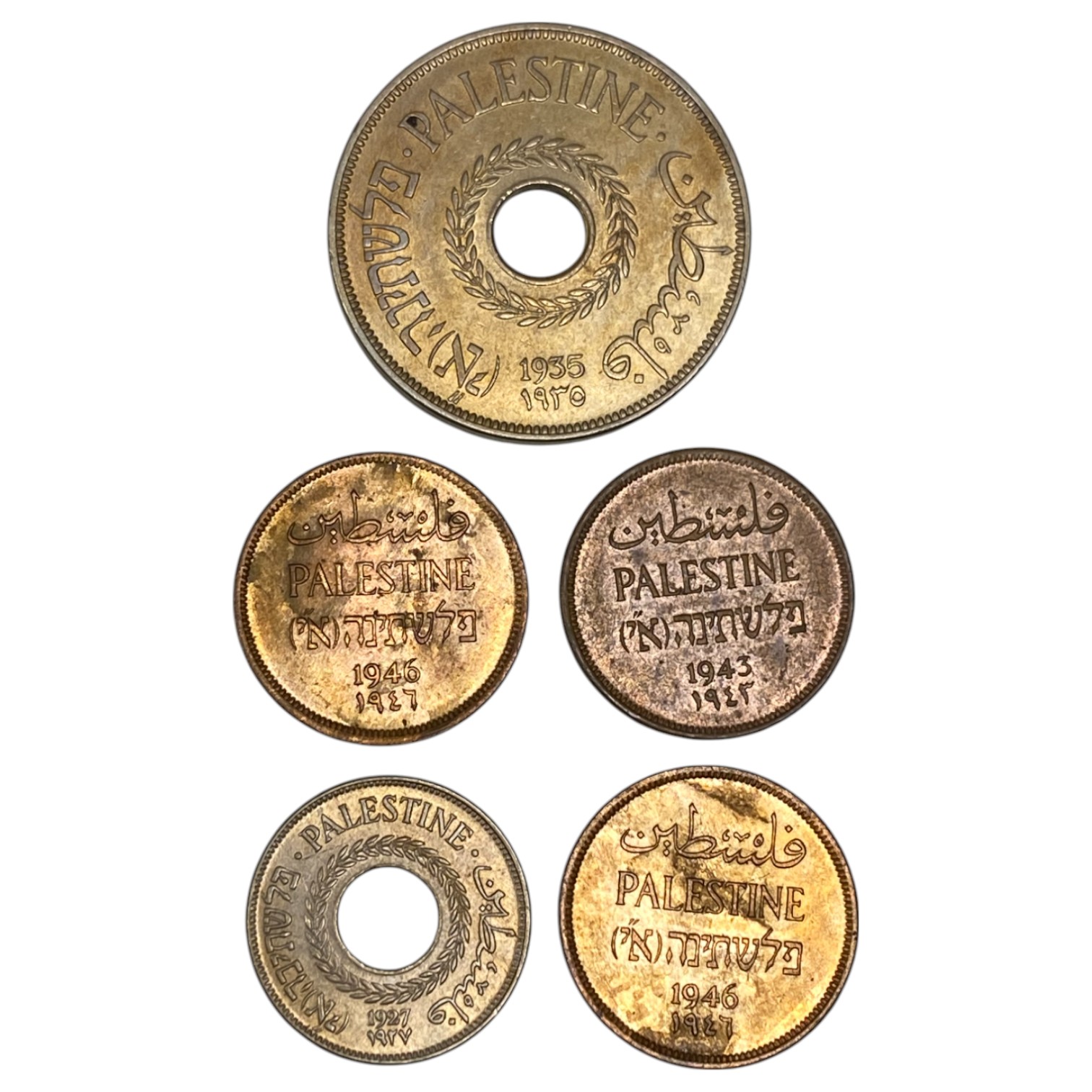 Palestine - Set of 5 coins 1 mil 1943, 1946, 5 Mil 1927, 20 mil 1935 - AU conditions - 1 0