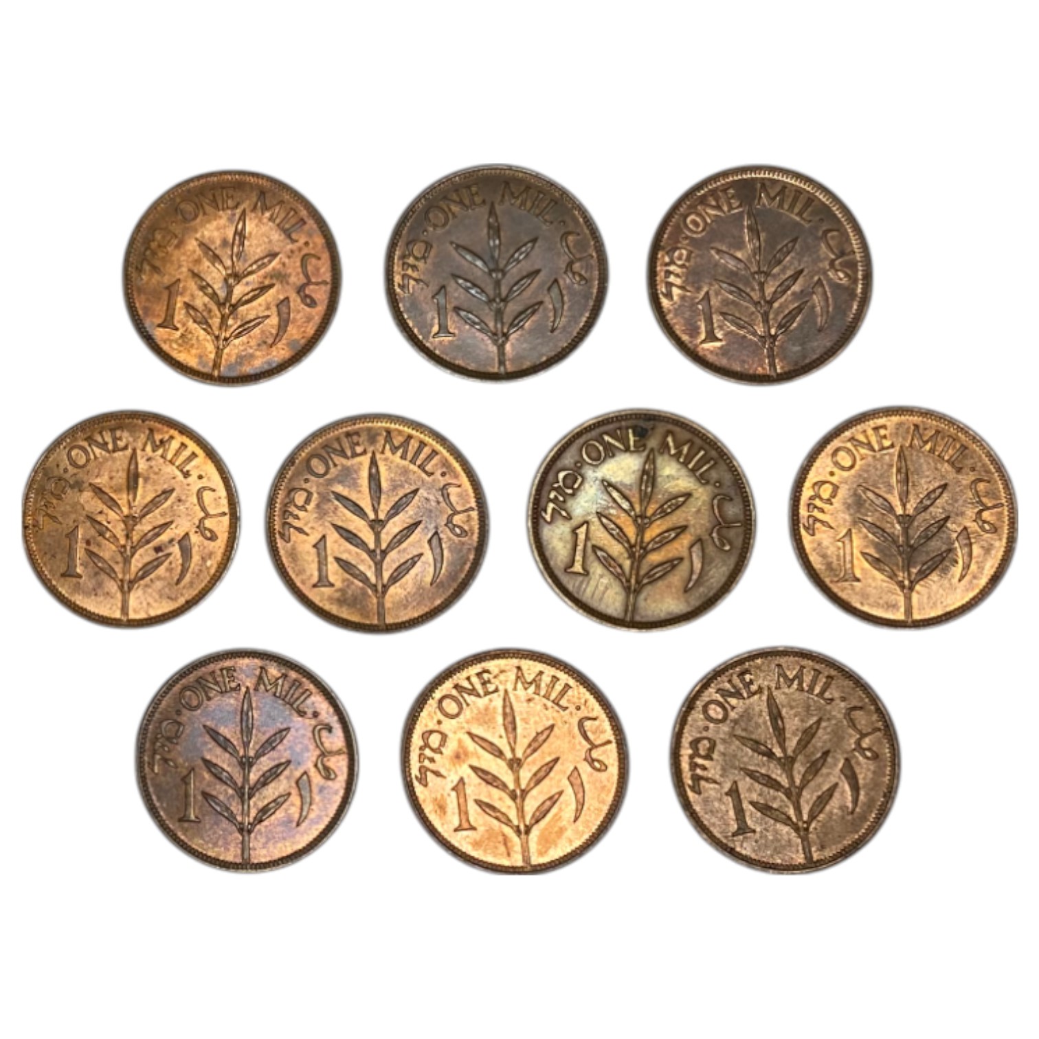Palestine – Lot of 10 coins, complete set of 1 mil 1927-1946 – UNC - 1 1