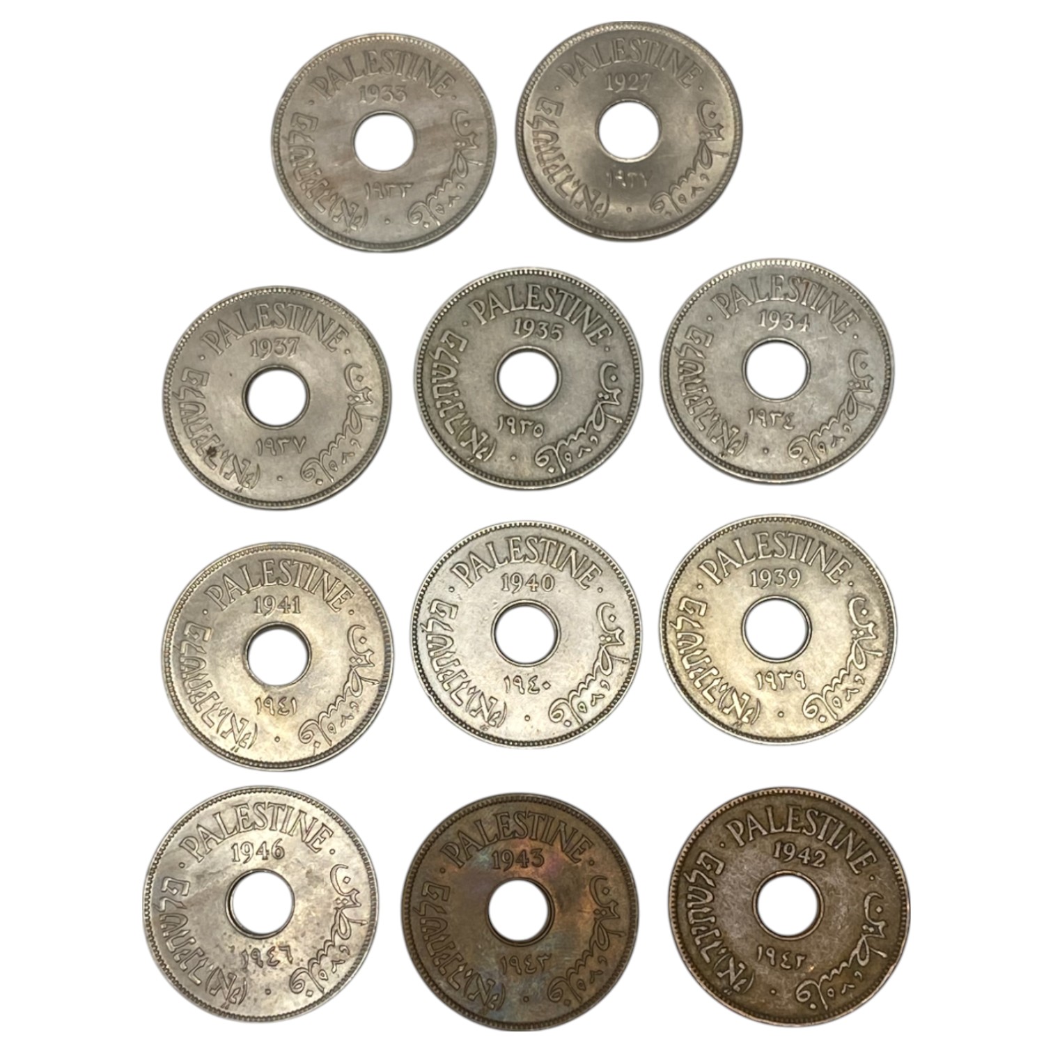 Palestine – Lot of 11 coins of 10 Mils 1927, 1933, 1934, 1935, 1937, 1939, 1940, 1941, 1942, 1943, 1946 - XF - 1 0