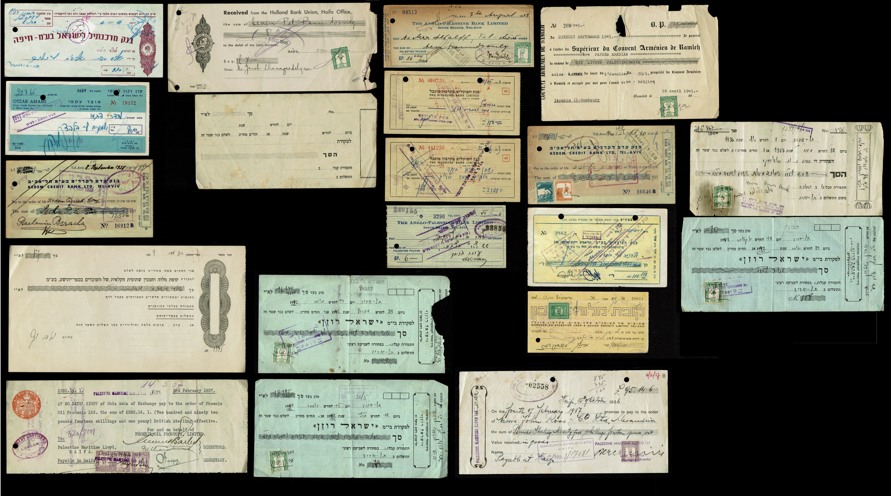 Paper money tokens - Israel and Palestine, a large collection of 20 checks and other documents related to finances ... - 1 0
