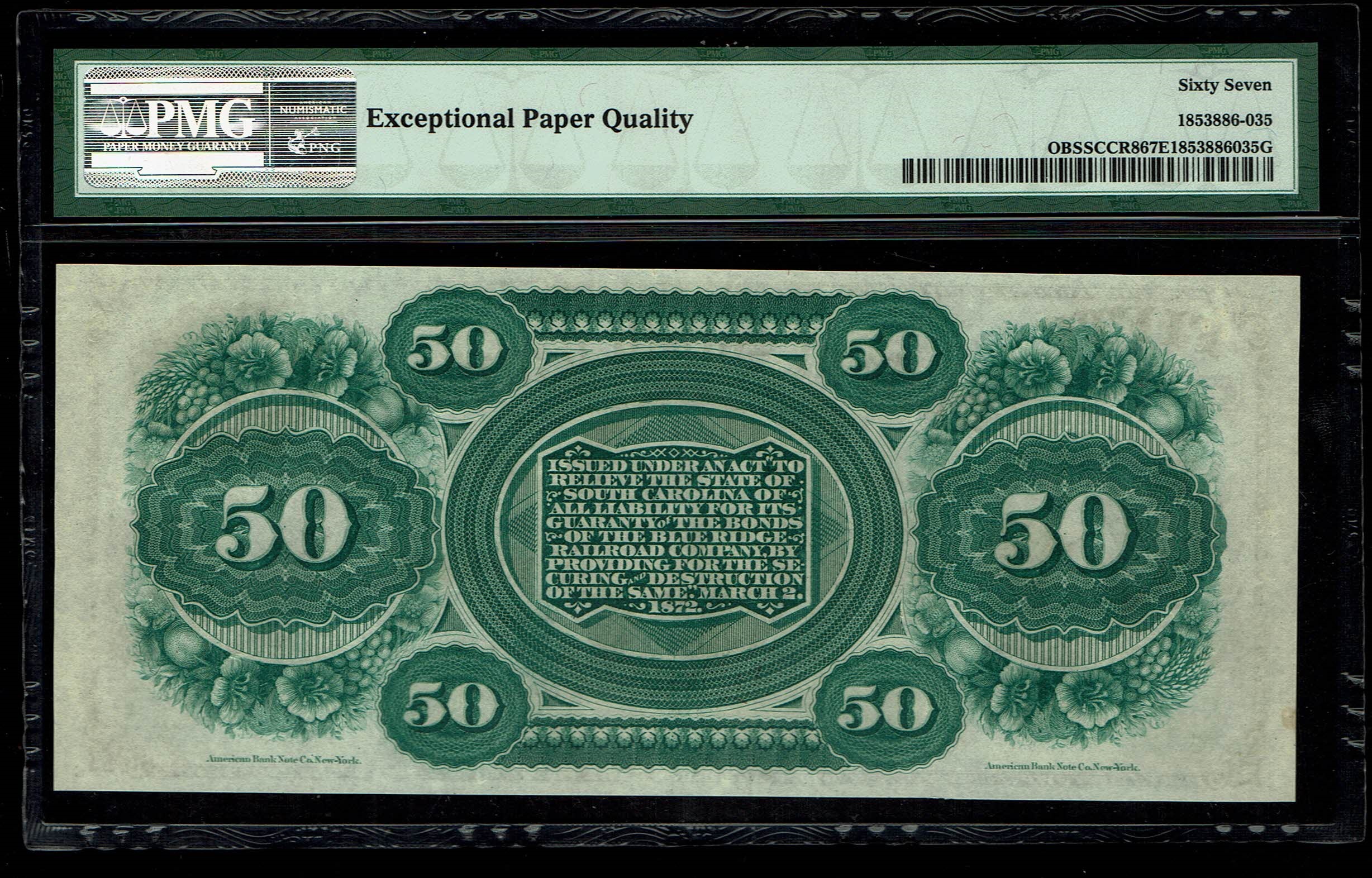 USA - 50 Dollar 1872 - South Carolina, Columbia - PMG 67 EPQ - 1 1