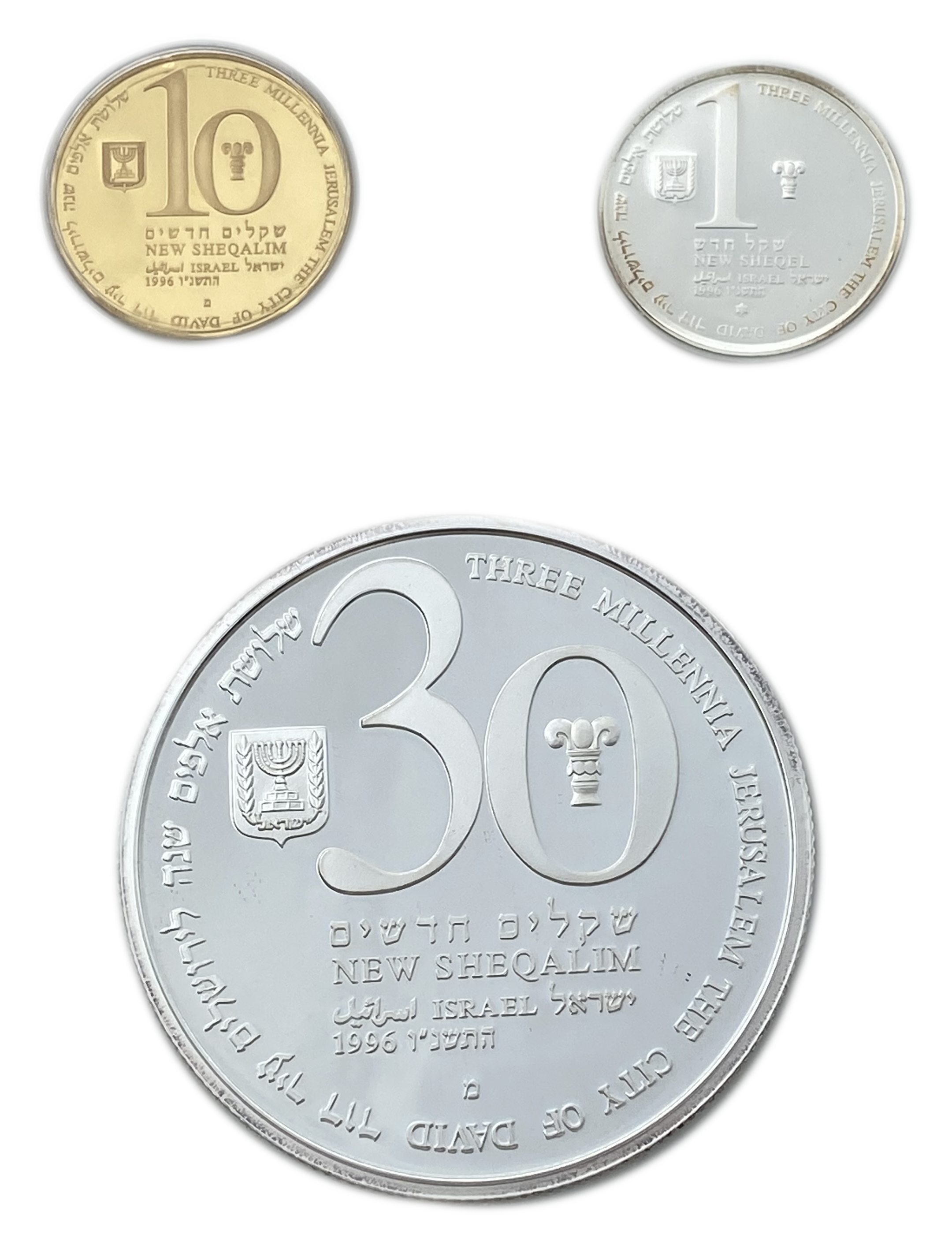 Israel - Set of 3 coins, 1, 10, 30 Shekels 1996 - 3000 Years of Jerusalem - 1 0