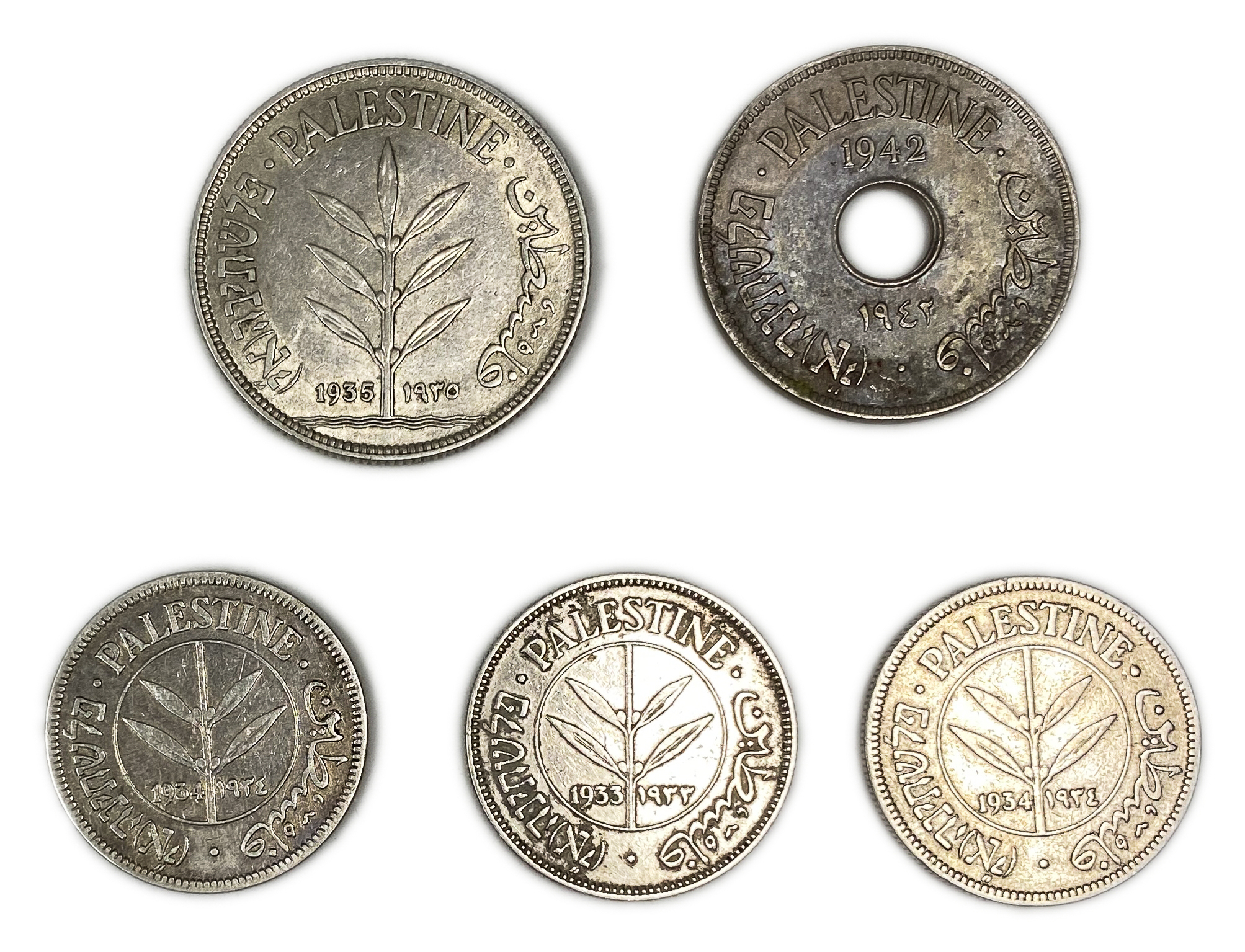 Palestine - Lot of 5 coins in values ​​10, 50 and 100 mils - From years 1933, 1934, 1935, 1942, conditions F-XF - 1 0
