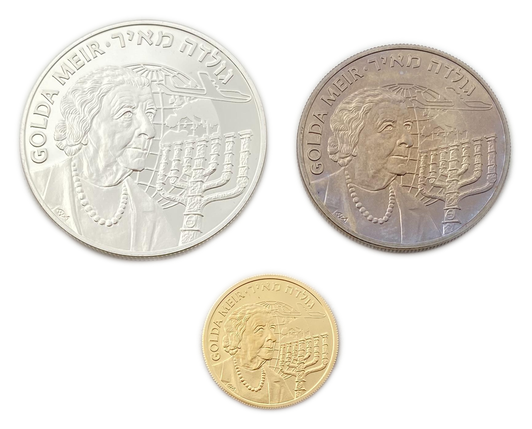 Israel - Golda Meir - Set of 3 coins, 5, 50 and 100 euros 1997 - 916 gold, 3.5 g, 20.8 mm. Silver 925, 25 g, 38 mm - 1 1