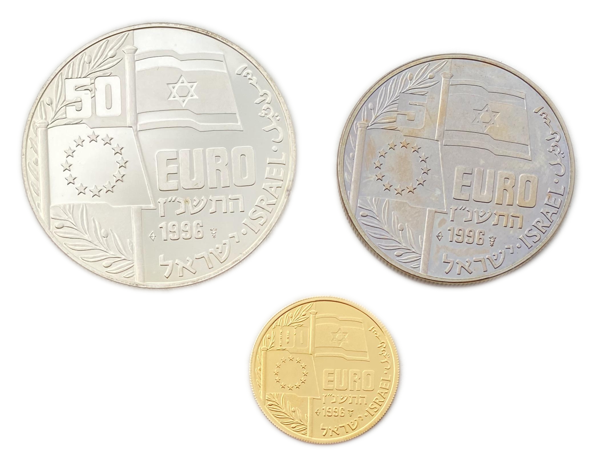 Israel - Golda Meir - Set of 3 coins, 5, 50 and 100 euros 1997 - 916 gold, 3.5 g, 20.8 mm. Silver 925, 25 g, 38 mm - 1 0