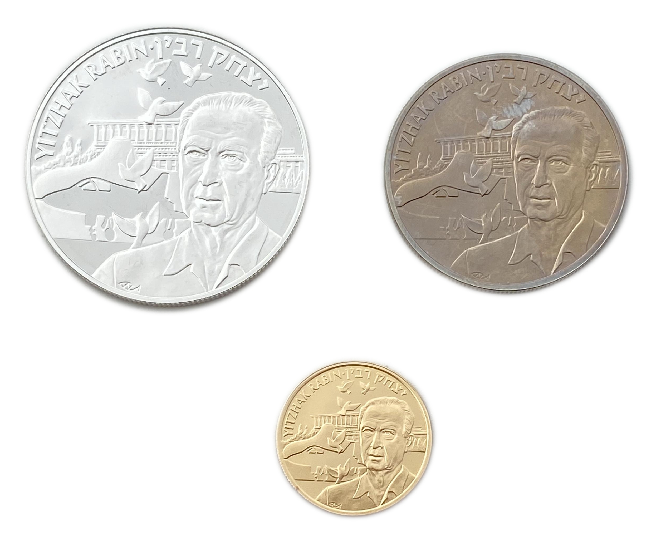 Israel - Yitzhak Rabin - set of 3 coins, 5, 50 and 100 euros 1997 - 916 gold, 3.5 g, 20.8 mm. Silver 925, 25 g, 38 mm. - 1 0