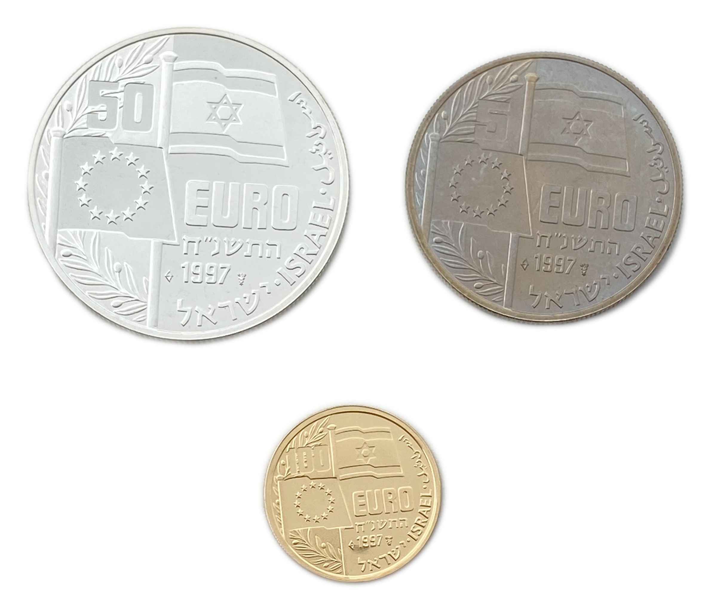 Israel - Yitzhak Rabin - set of 3 coins, 5, 50 and 100 euros 1997 - 916 gold, 3.5 g, 20.8 mm. Silver 925, 25 g, 38 mm. - 1 1