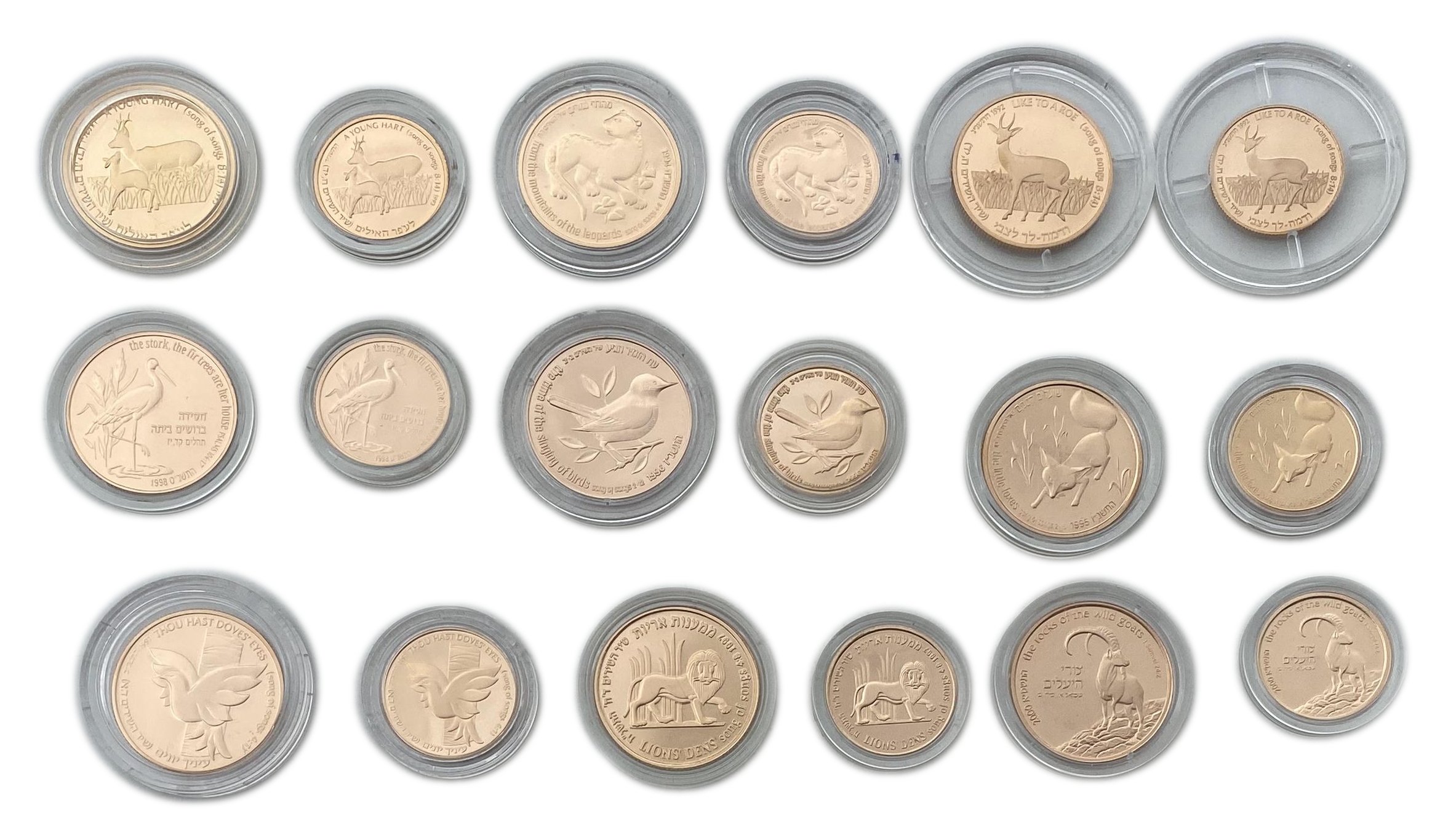 Israel - Large and complete collection without defects of 18 1, 5 shekel gold coins "Animals and Plants in the Song ...