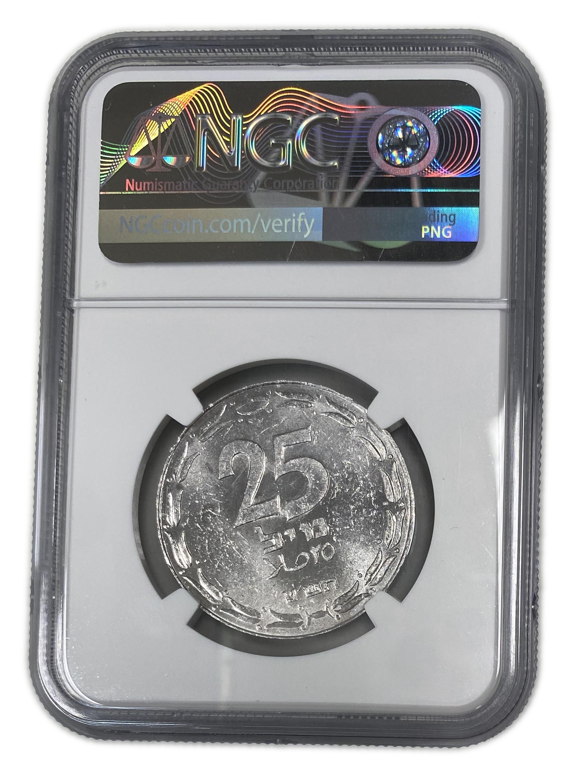 Israel - 25 Mils 1949 - Close Link - NGC MS 62
This stunning example of the Israel ... - 1 2