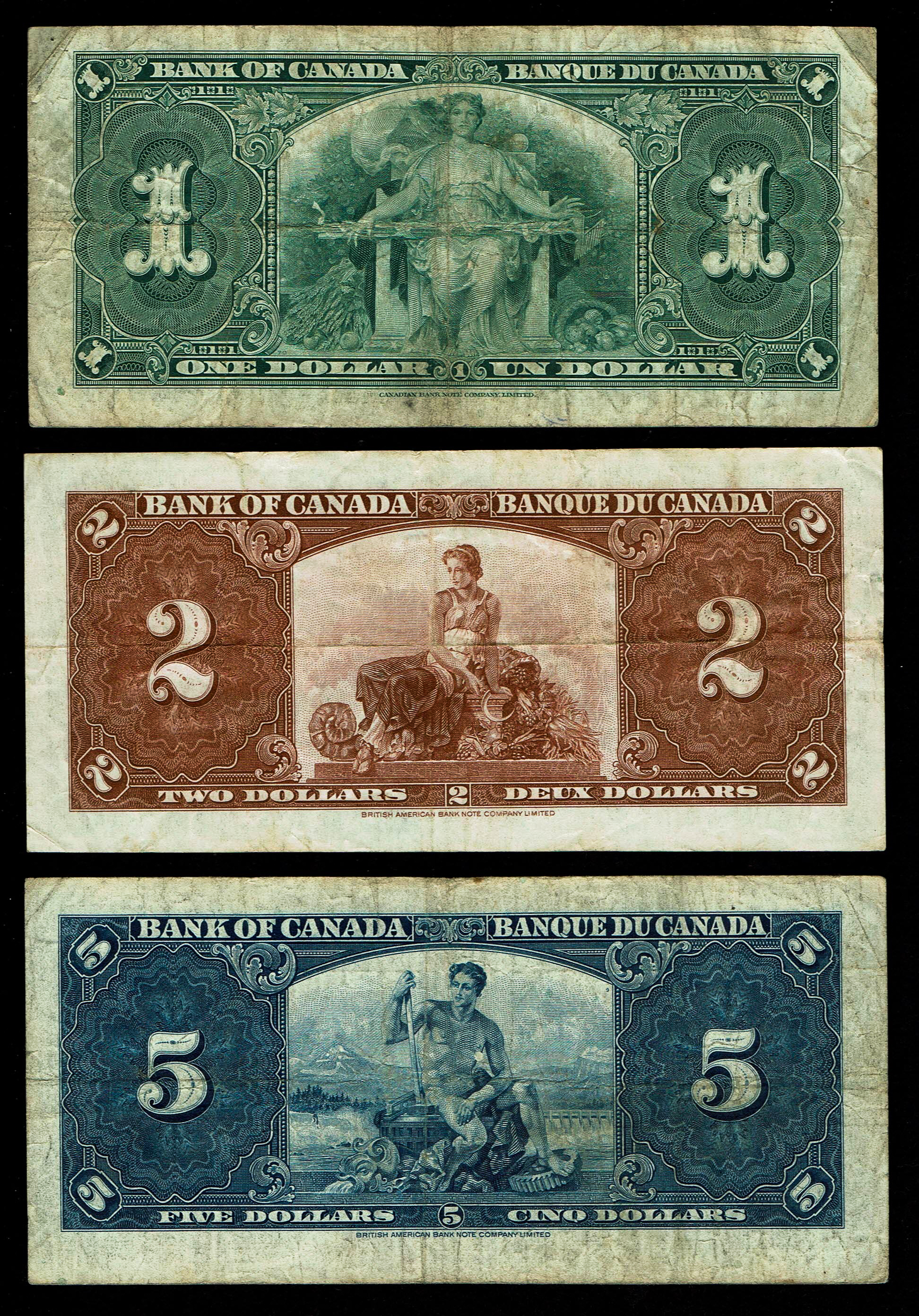 Canada - Lot of 6 Banknotes of 1, 2, 5, 10, 20, 50 Dollars 1937 - F-VF - 1 2