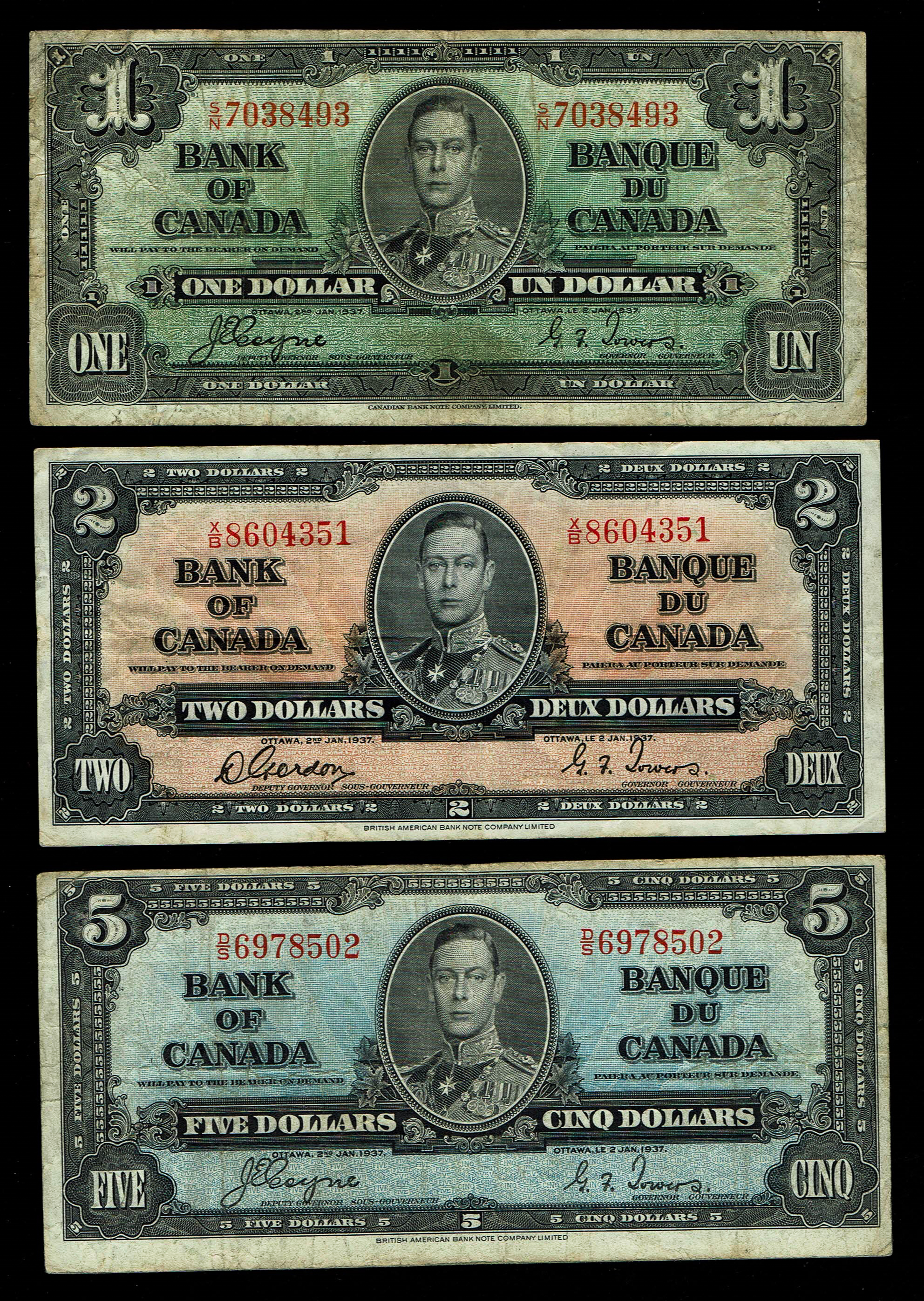 Canada - Lot of 6 Banknotes of 1, 2, 5, 10, 20, 50 Dollars 1937 - F-VF - 1 1