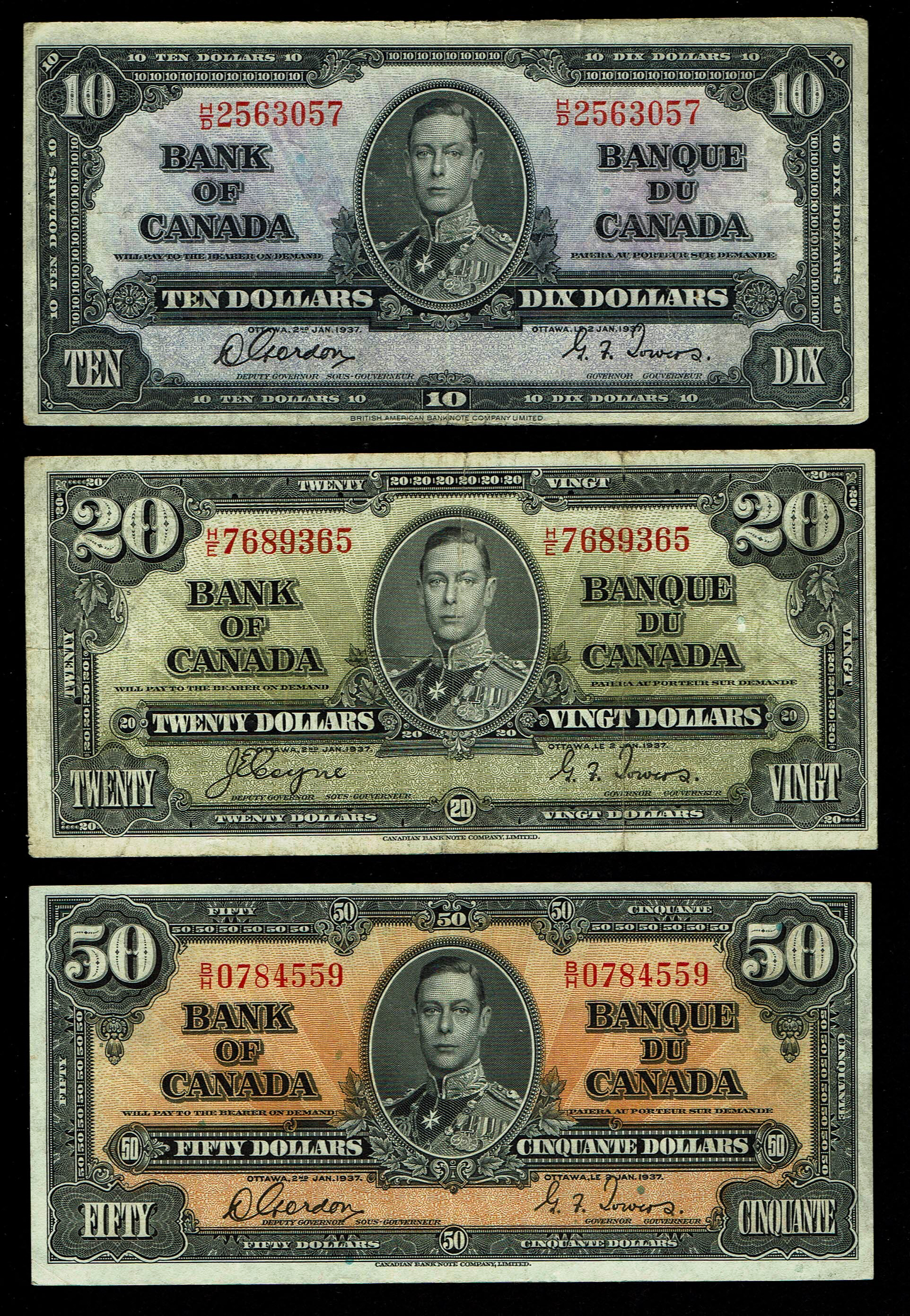 Canada - Lot of 6 Banknotes of 1, 2, 5, 10, 20, 50 Dollars 1937 - F-VF - 1 3
