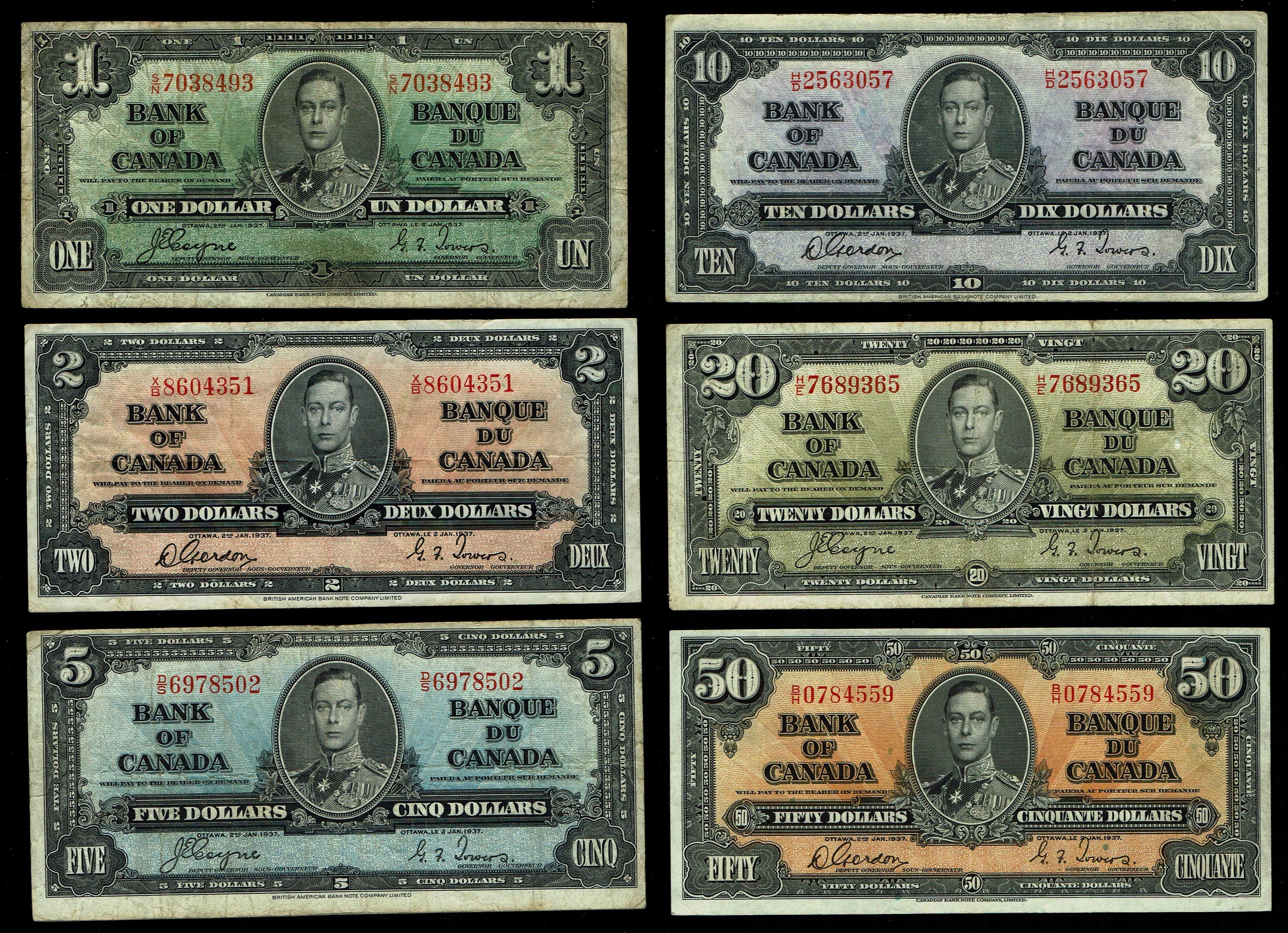 Canada - Lot of 6 Banknotes of 1, 2, 5, 10, 20, 50 Dollars 1937 - F-VF - 1 0