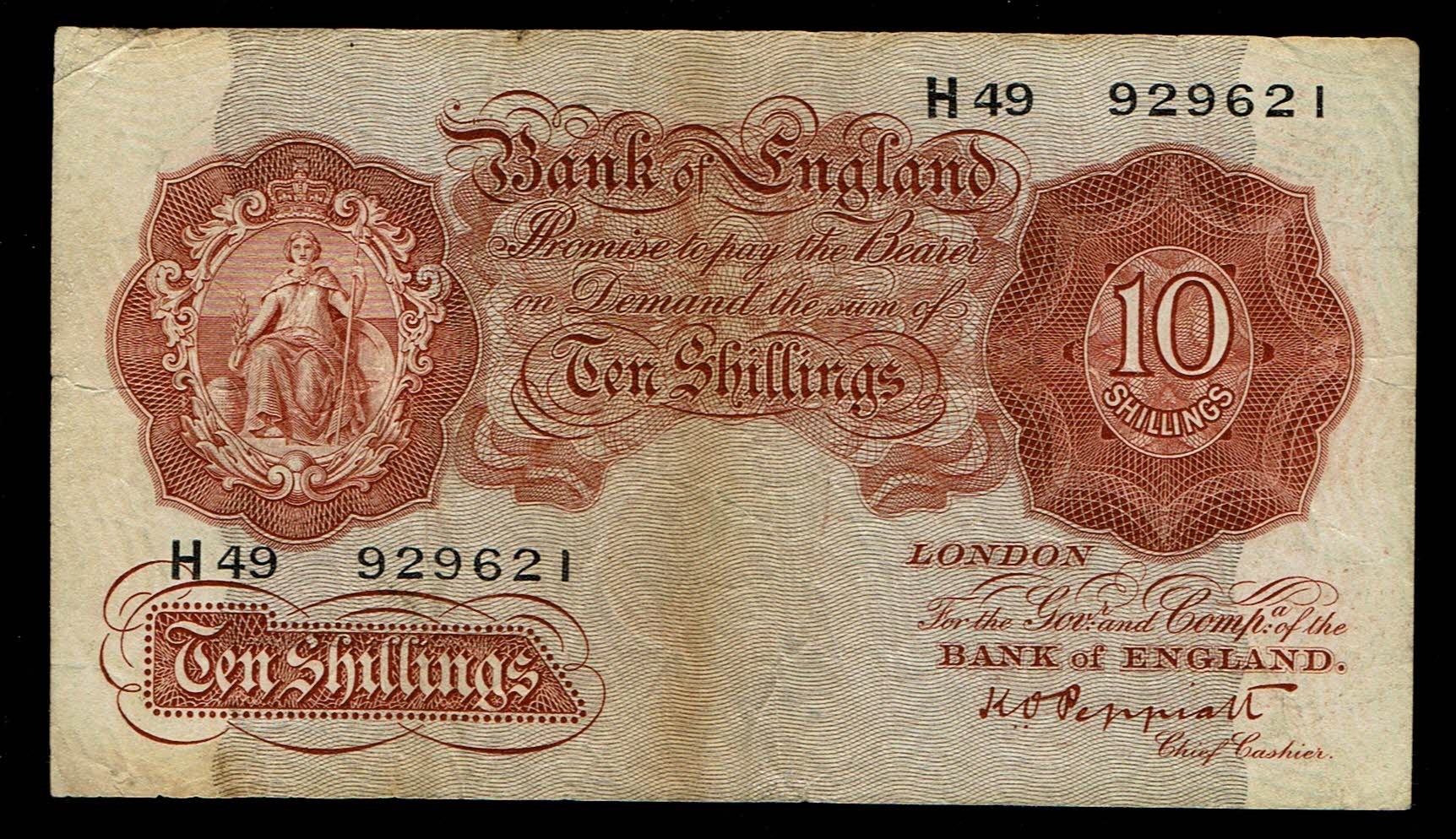 United Kingdom / England - 10 Shillings 1948-1949, Series A, Britannia, with Thread Signed by K. O. Peppiatt (KOP) ... - 1 0