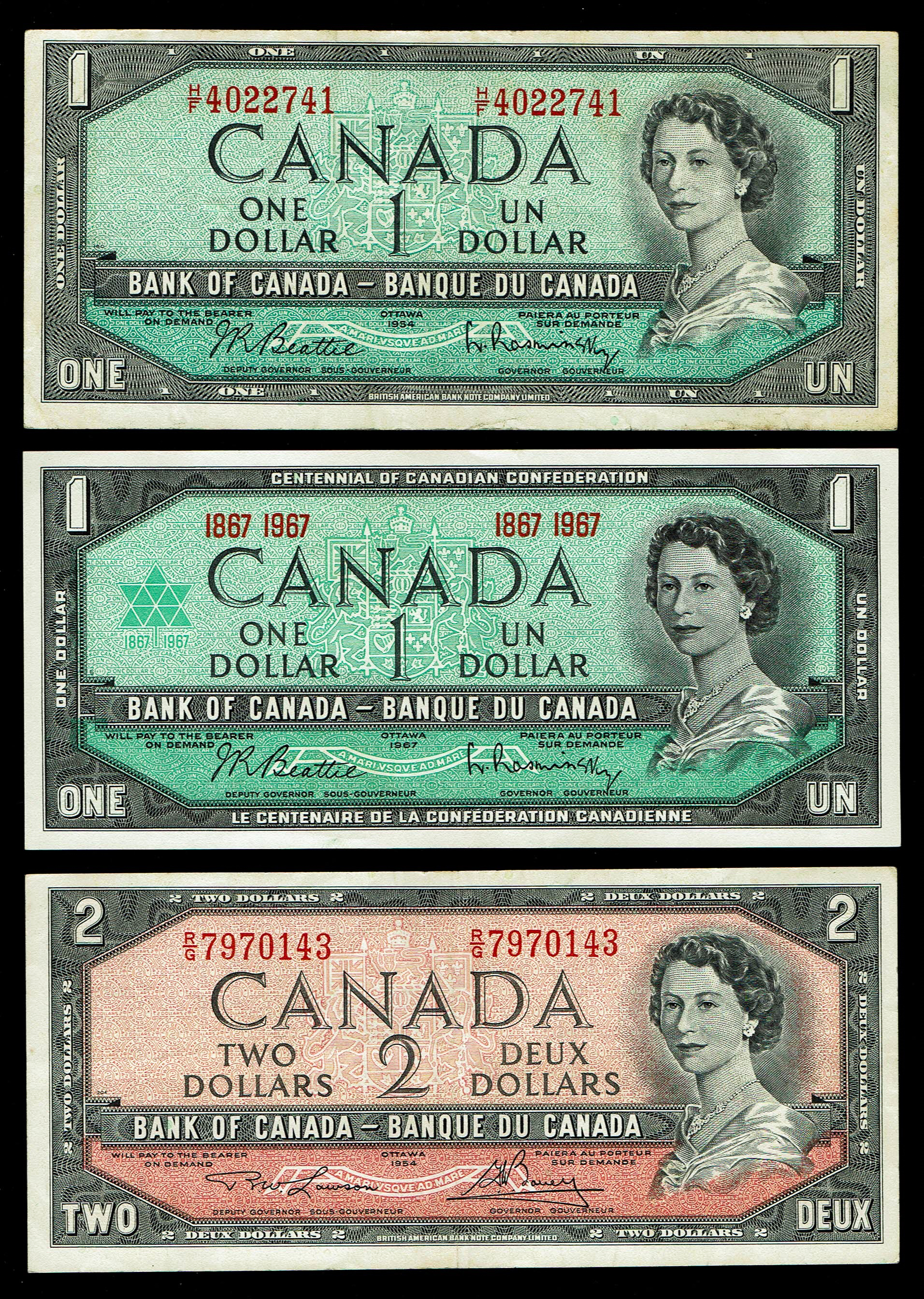 Canada - Lot of 6 Banknotes of 1, 2, 5, 10, 20 Dollars 1954 - VF - 1 1