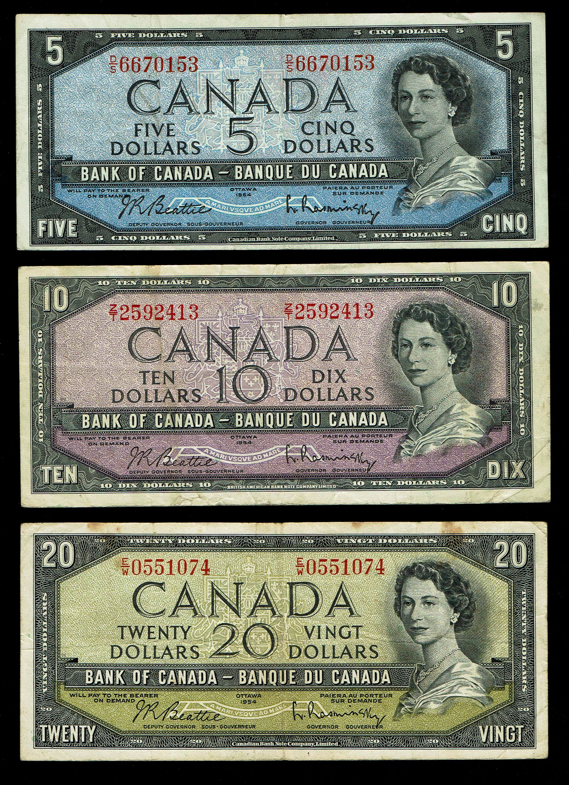 Canada - Lot of 6 Banknotes of 1, 2, 5, 10, 20 Dollars 1954 - VF - 1 3