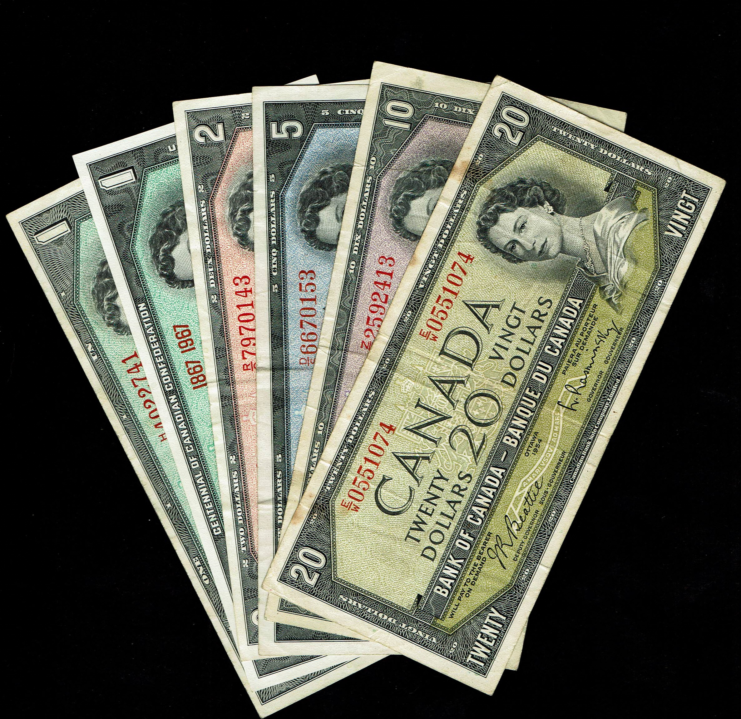 Canada - Lot of 6 Banknotes of 1, 2, 5, 10, 20 Dollars 1954 - VF - 1 0