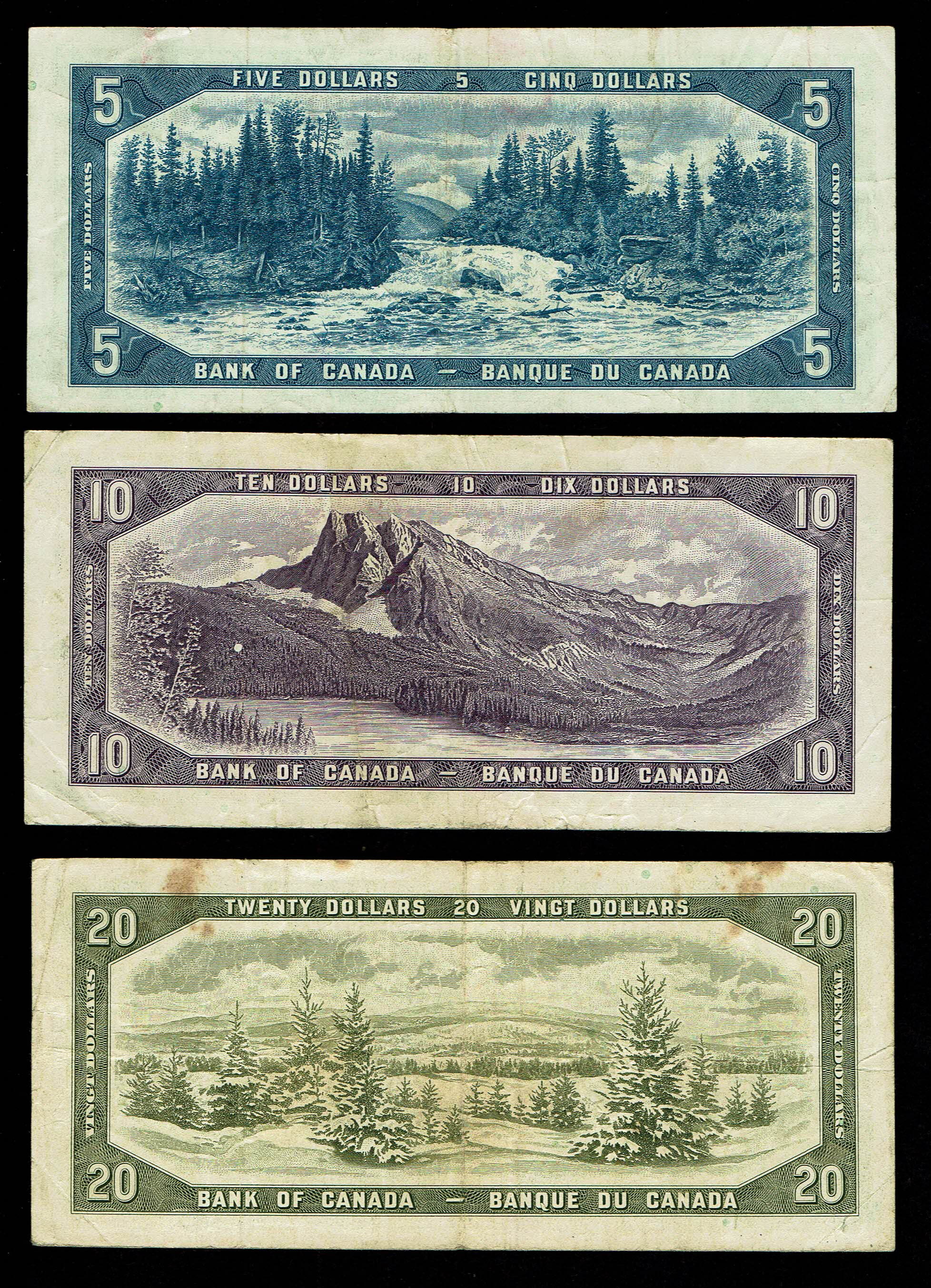 Canada - Lot of 6 Banknotes of 1, 2, 5, 10, 20 Dollars 1954 - VF - 1 4
