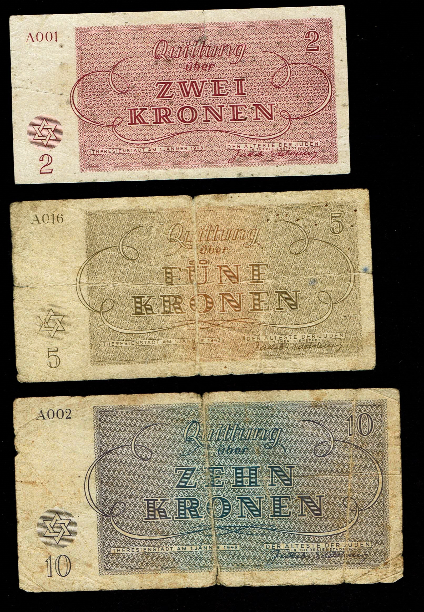 Holocaust concentration camps money - Czechoslovakia - 5 Banknotes 2, 5, 10, 50 and 100 Kronen 1943 - Theresientadt ... - 1 2