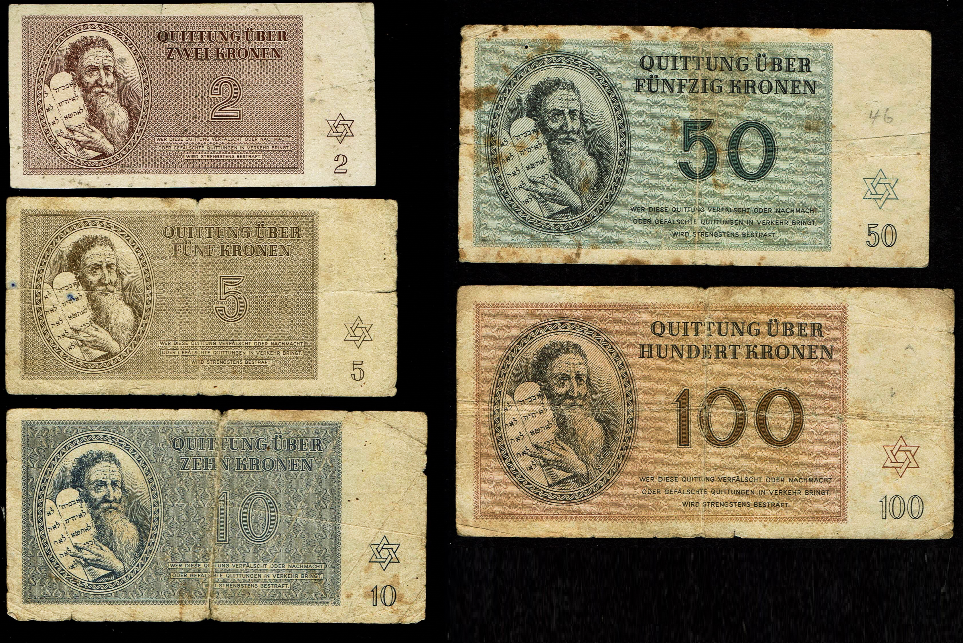Holocaust concentration camps money - Czechoslovakia - 5 Banknotes 2, 5, 10, 50 and 100 Kronen 1943 - Theresientadt ... - 1 0