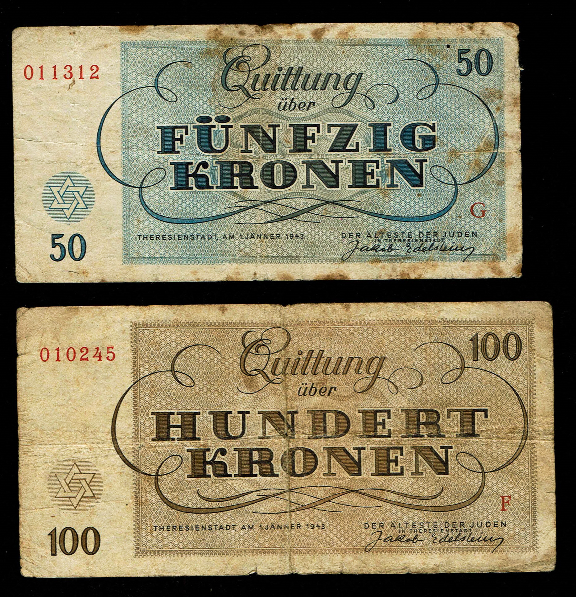 Holocaust concentration camps money - Czechoslovakia - 5 Banknotes 2, 5, 10, 50 and 100 Kronen 1943 - Theresientadt ... - 1 4