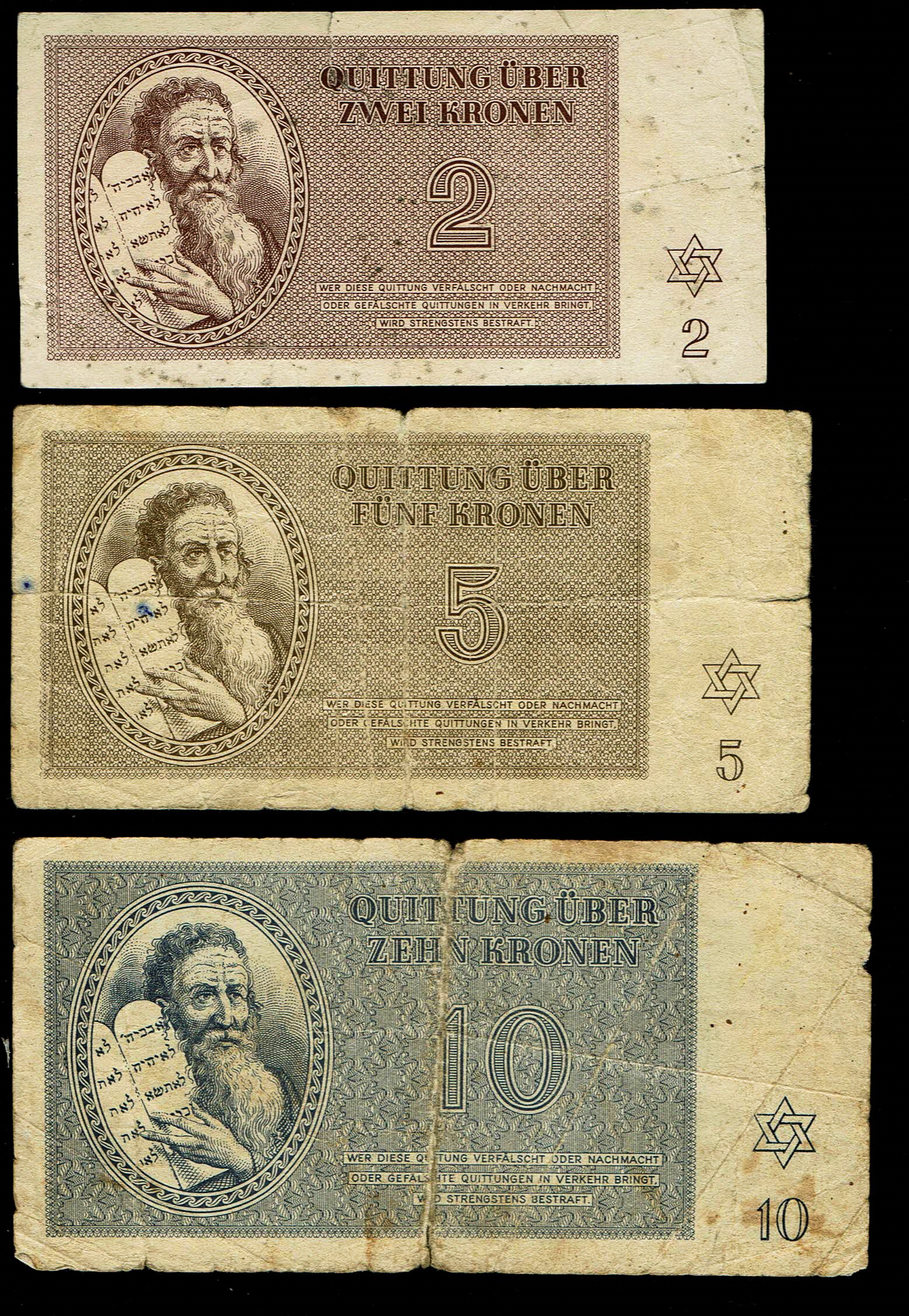 Holocaust concentration camps money - Czechoslovakia - 5 Banknotes 2, 5, 10, 50 and 100 Kronen 1943 - Theresientadt ... - 1 1