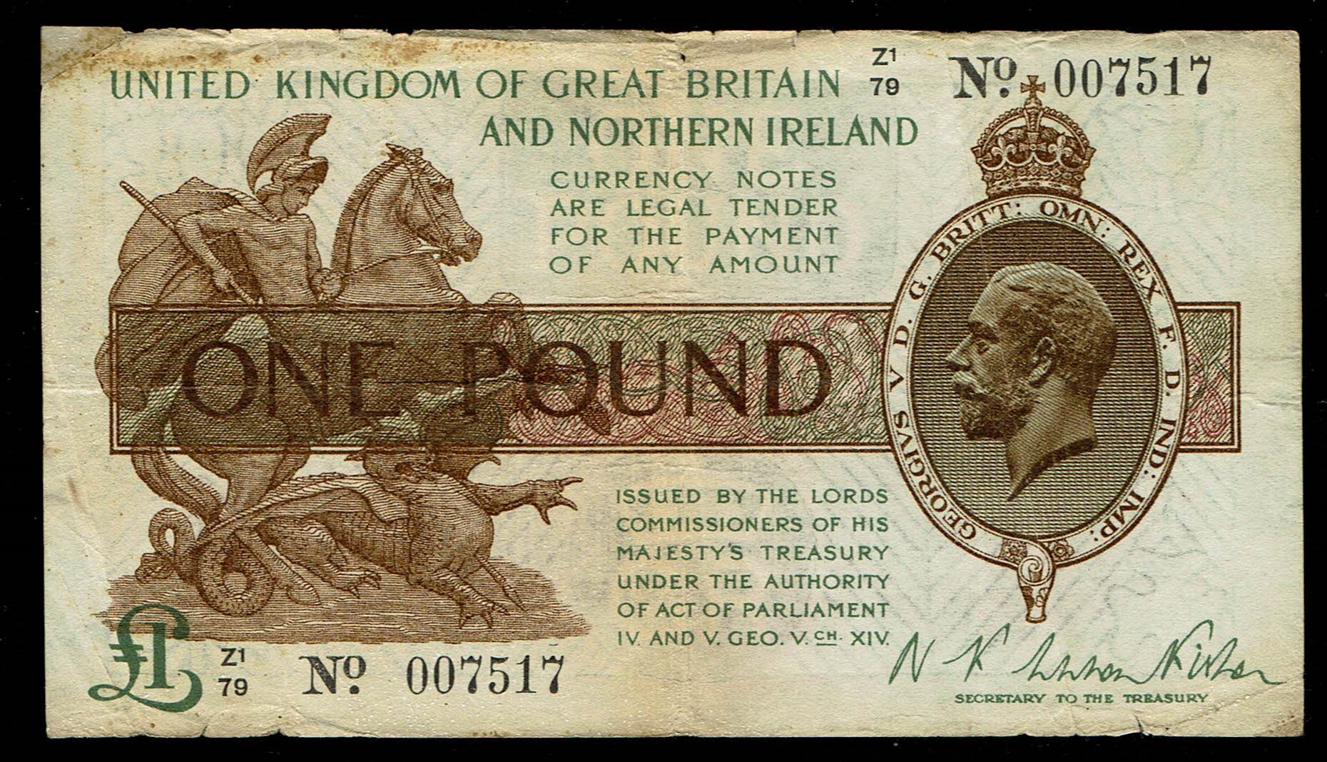 United Kingdom / England - 1 Pound 1922-1923, Series A, Britannia, with Thread Signed by K. O. Peppiatt (KOP) - VF - 1 0