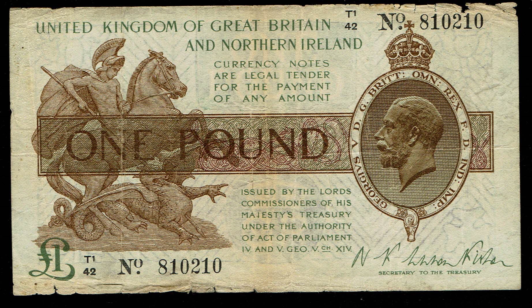 United Kingdom / England - 1 Pound 1922-1923, Series A, Britannia, with Thread Signed by K. O. Peppiatt (KOP) - VF - 1 0