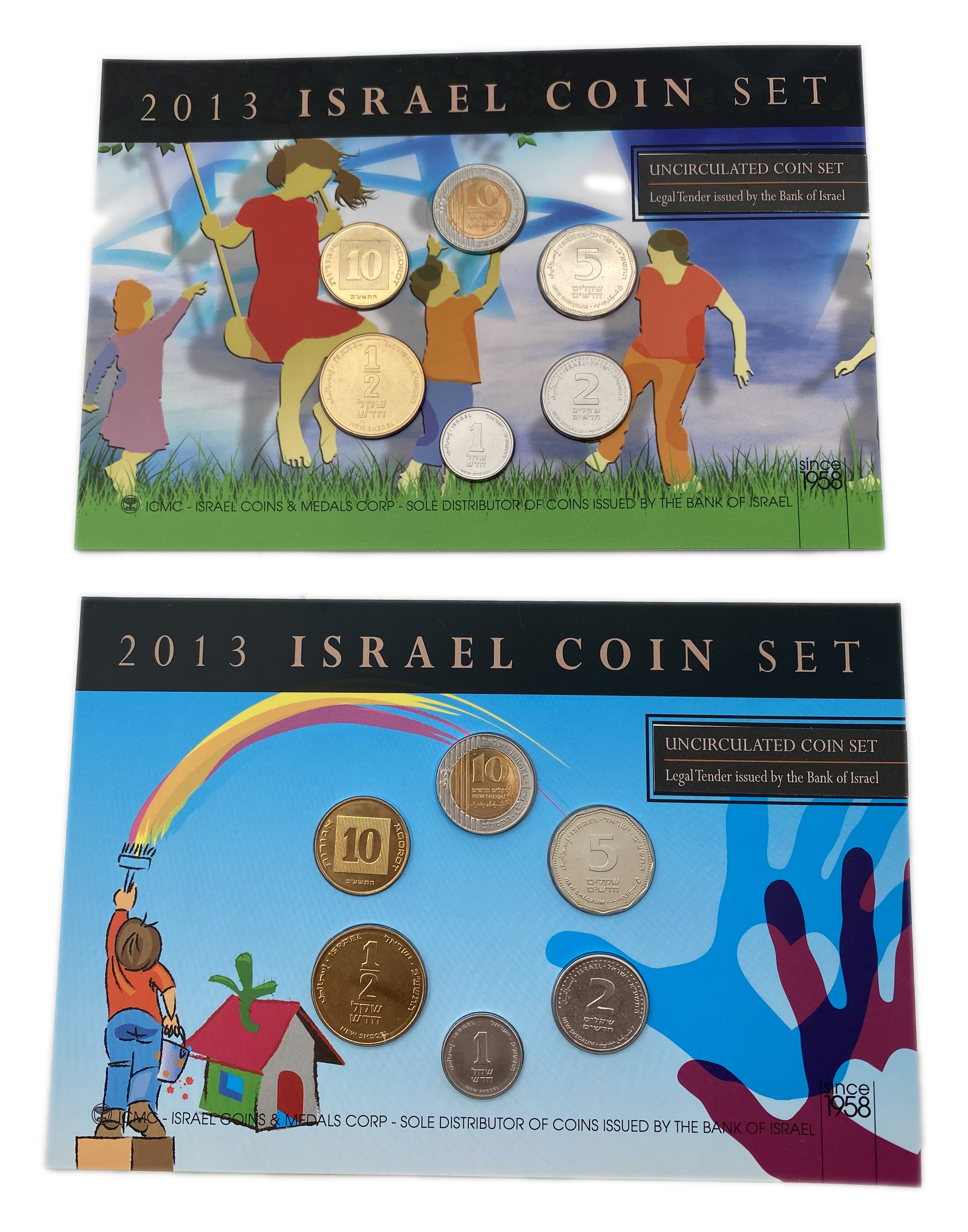 Israel - Pair of different coin sets in their design (set design) from 2013 The set contains 10 Agorat, 1/2, 1, 2 ... - 1 0