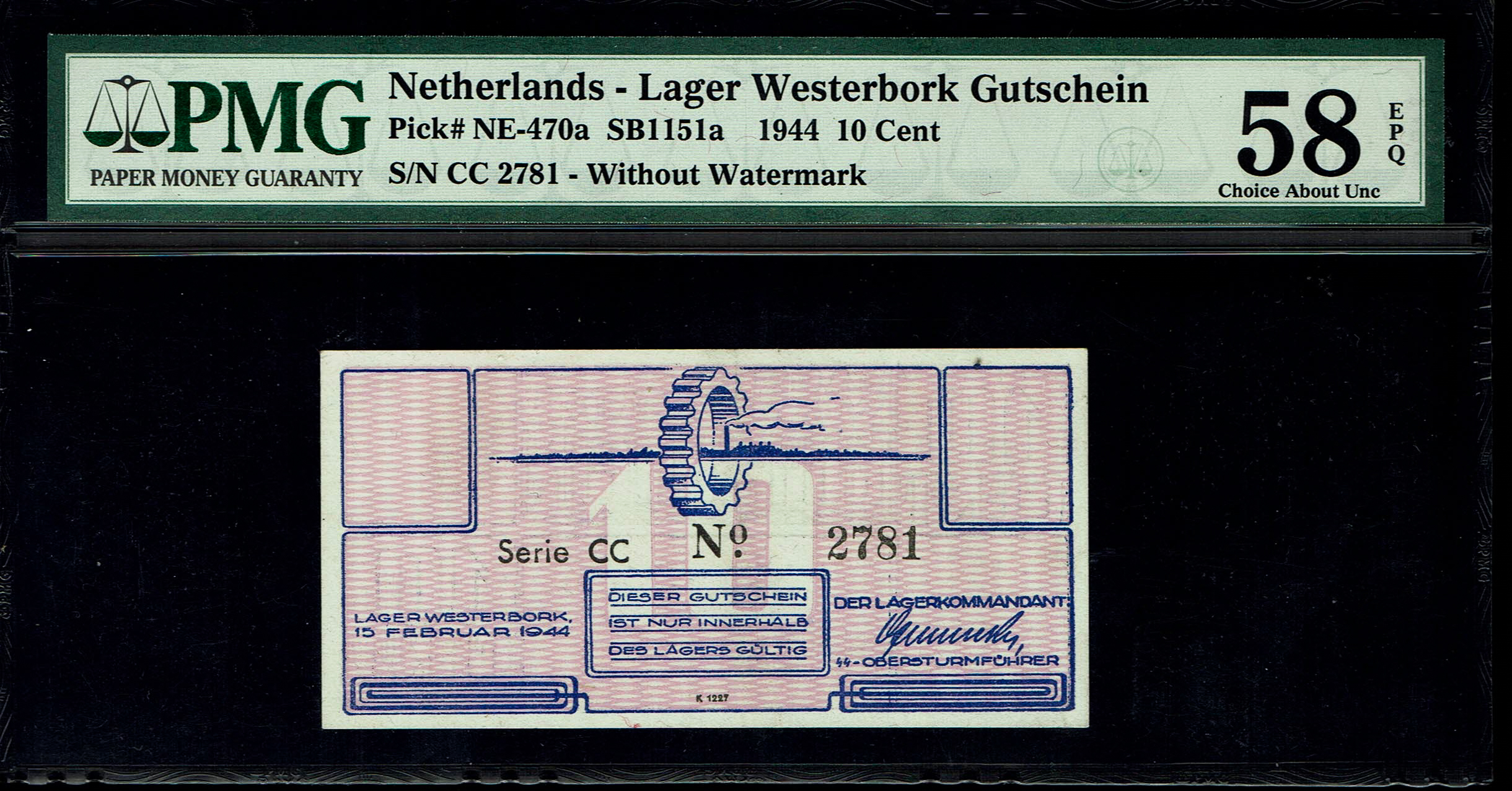 Netherlands - 10 cents 1944 - Westerbork camp - PMG AU 58 EPQ - 1 0