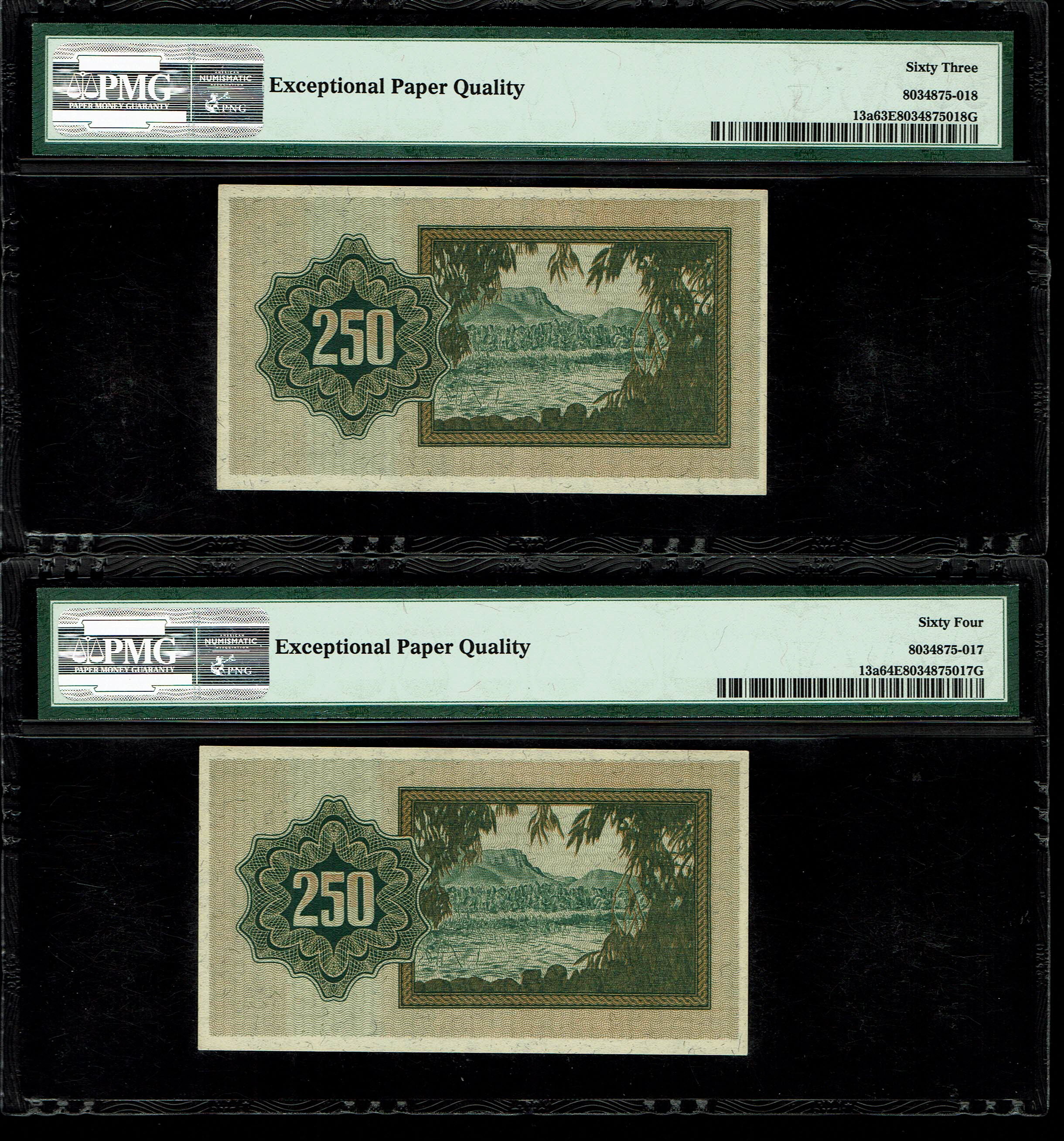 Israel - 250 Prutah 1953 - PMG 63-64 EPQ - "With Menorah", consecutive numbers - Prefix A - 1 1