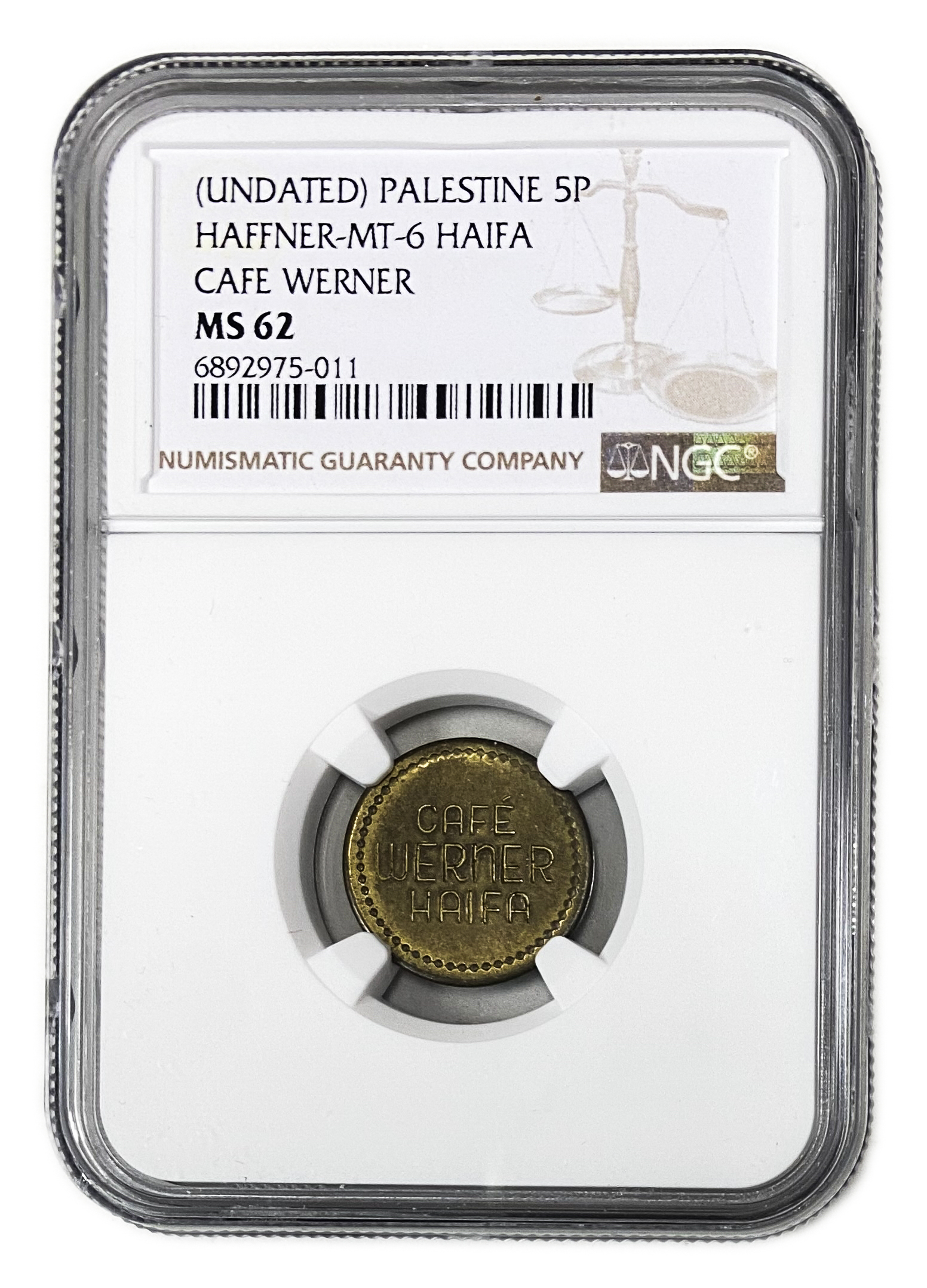 Palestine - Cafe werner token - 5 MIls 1930', bronze - NGC MS 62 - Rare in this high grade - 1 2