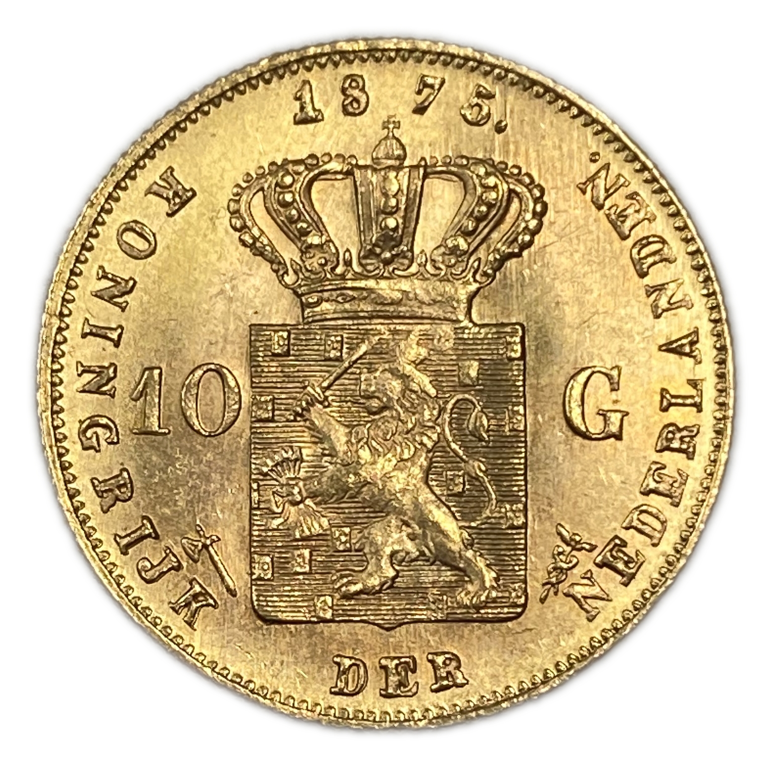 Netherlands - 10 Gulden 1875 - Willem III - Gold 900, 6.729g, 22.5mm - 1 0