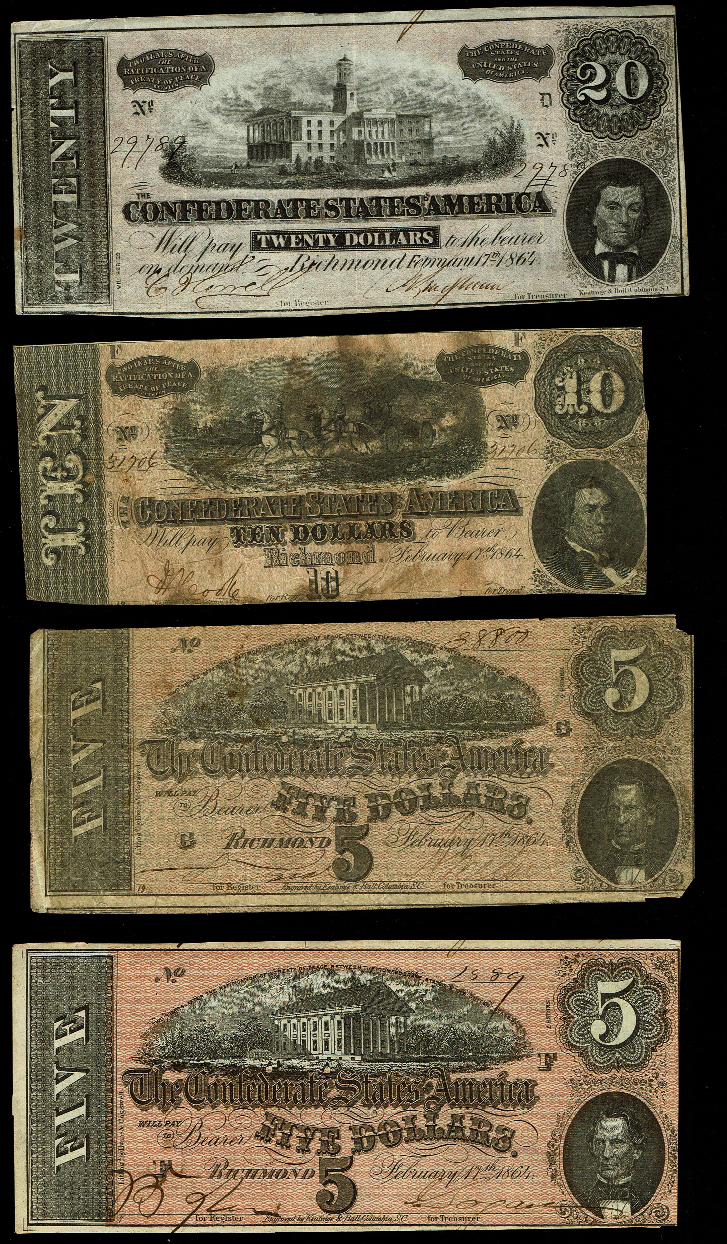 USA - 5, 10, and 20 Dollars 1863, Confederate States Banknotes - 1 0