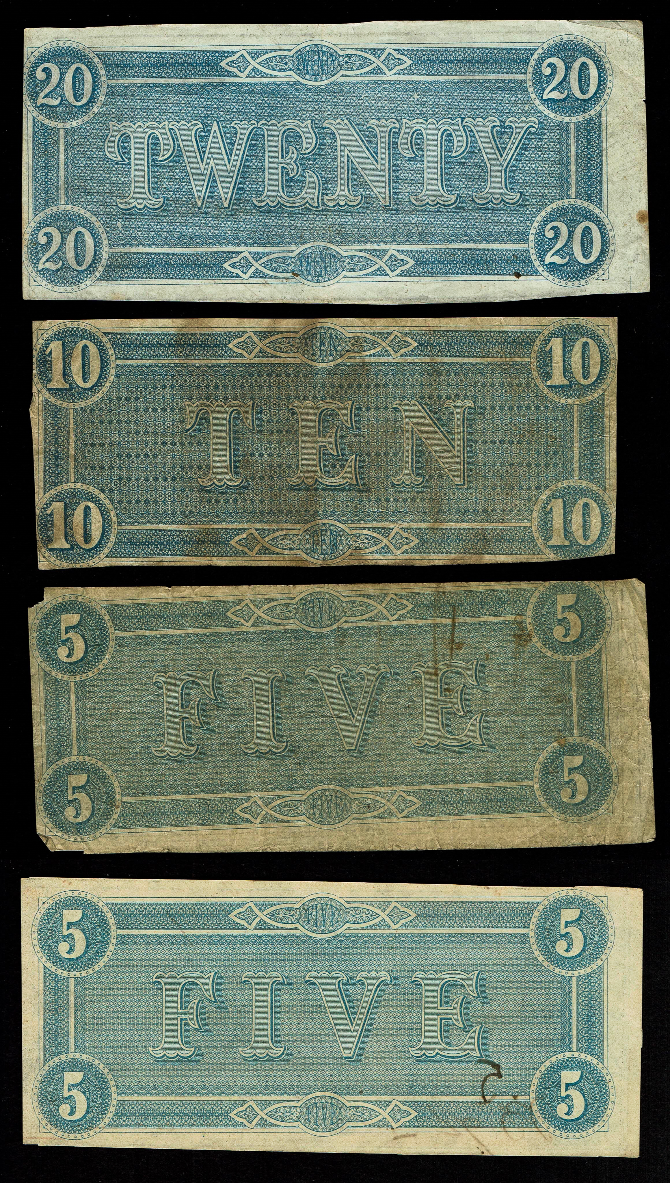 USA - 5, 10, and 20 Dollars 1863, Confederate States Banknotes - 1 1