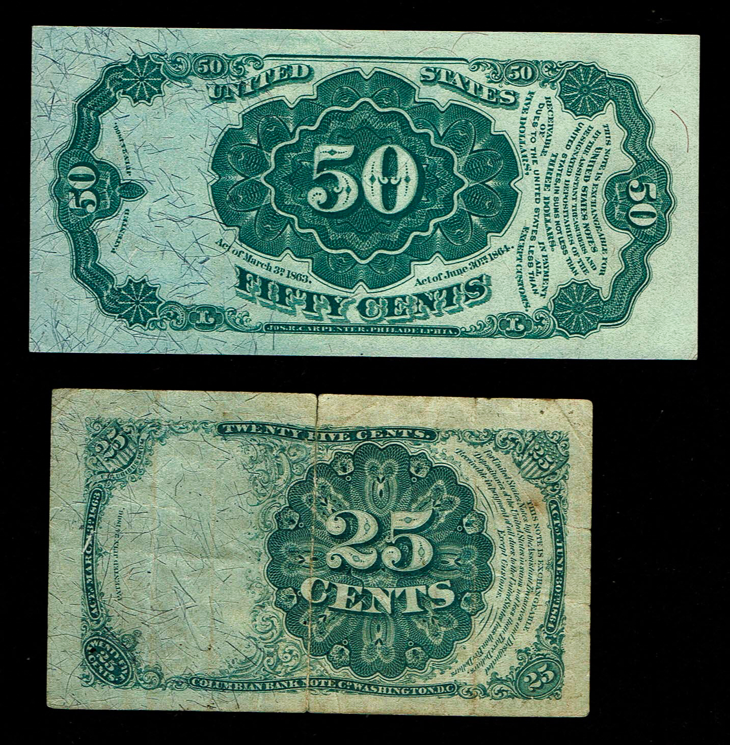 USA - 25 Cents 1874 and 50 Cents 1875 Banknotes - F-VF - 1 1