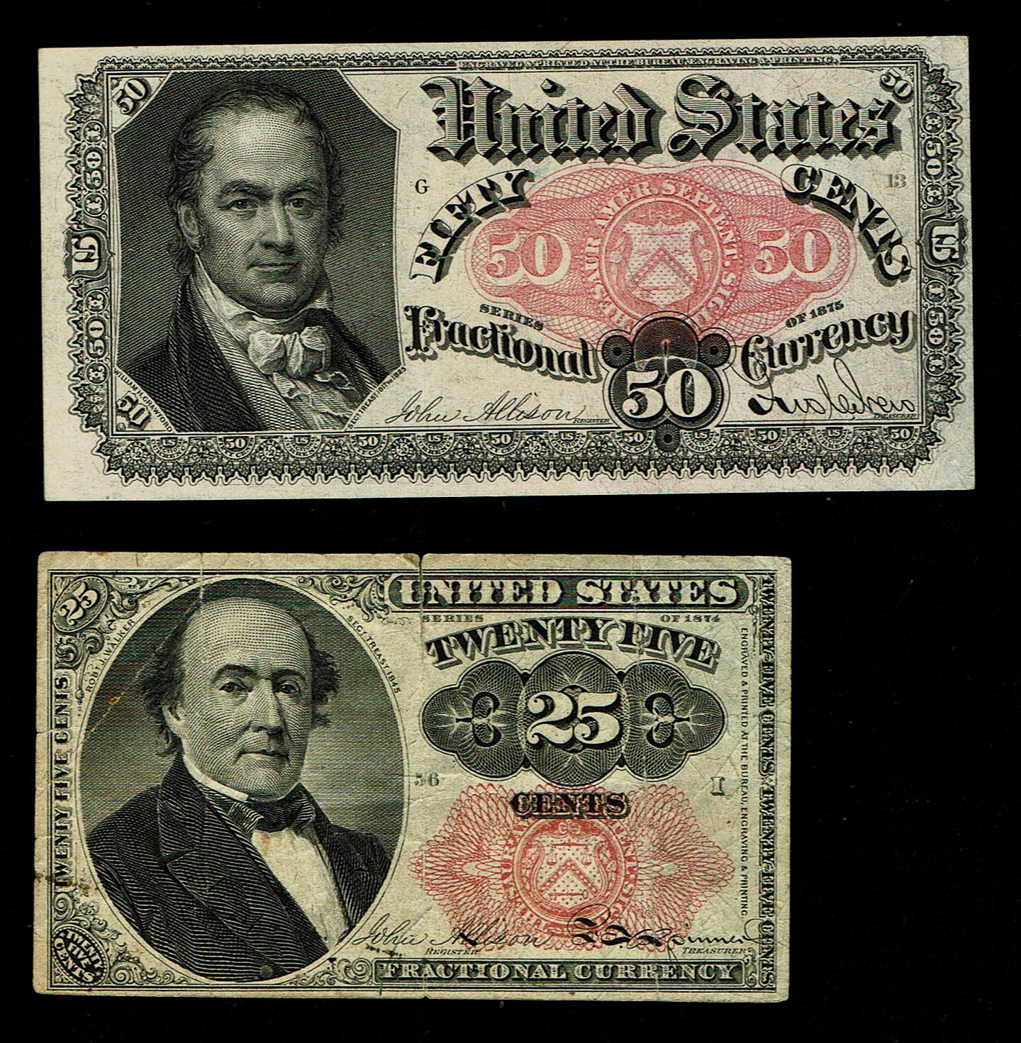 USA - 25 Cents 1874 and 50 Cents 1875 Banknotes - F-VF - 1 0