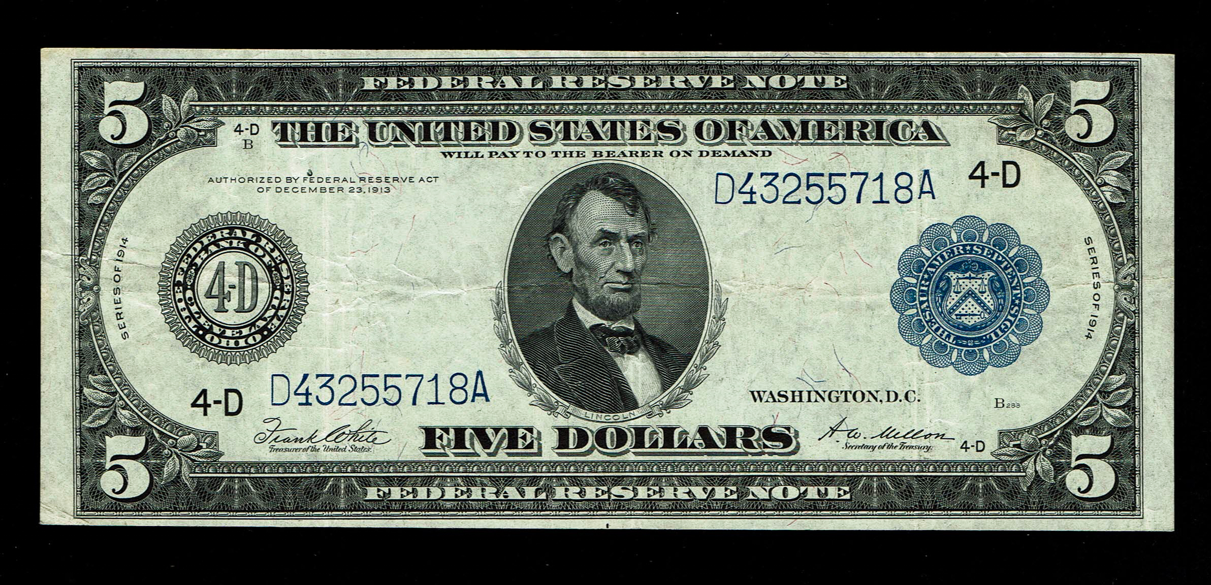 USA - 5 Dollars 1913, Blue Seal - VF - 1 0