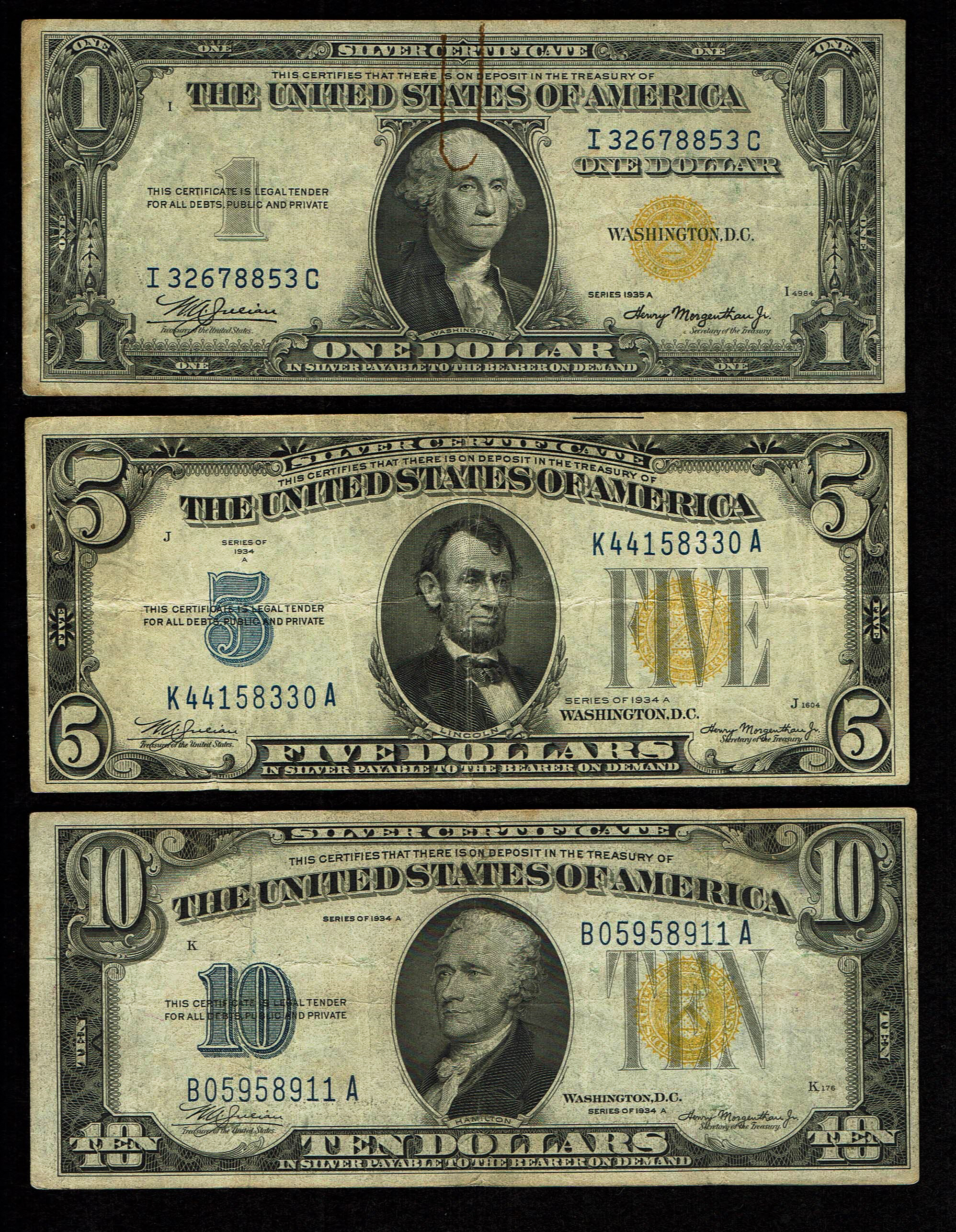USA - 3 Banknotes of 1 Dollar 1935, 5 Dollars 1934, 10 Dollars 1934, all with Yellow Seal (Ment to use in South ... - 1 0