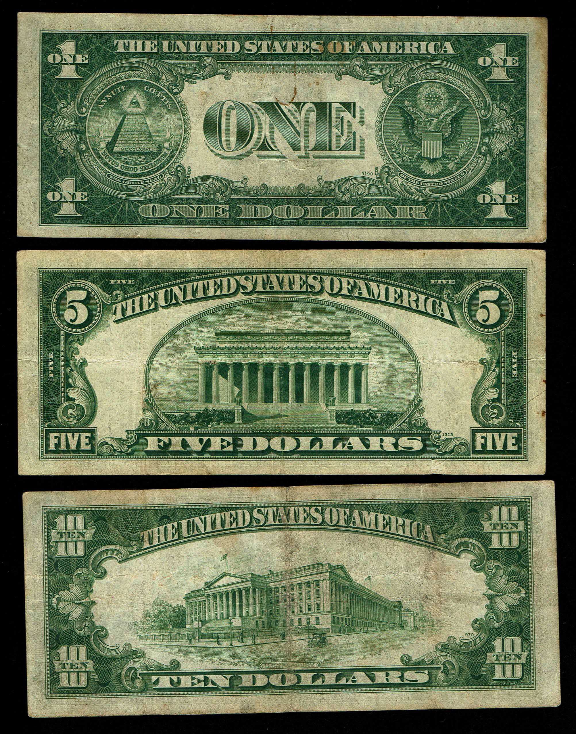 USA - 3 Banknotes of 1 Dollar 1935, 5 Dollars 1934, 10 Dollars 1934, all with Yellow Seal (Ment to use in South ... - 1 1