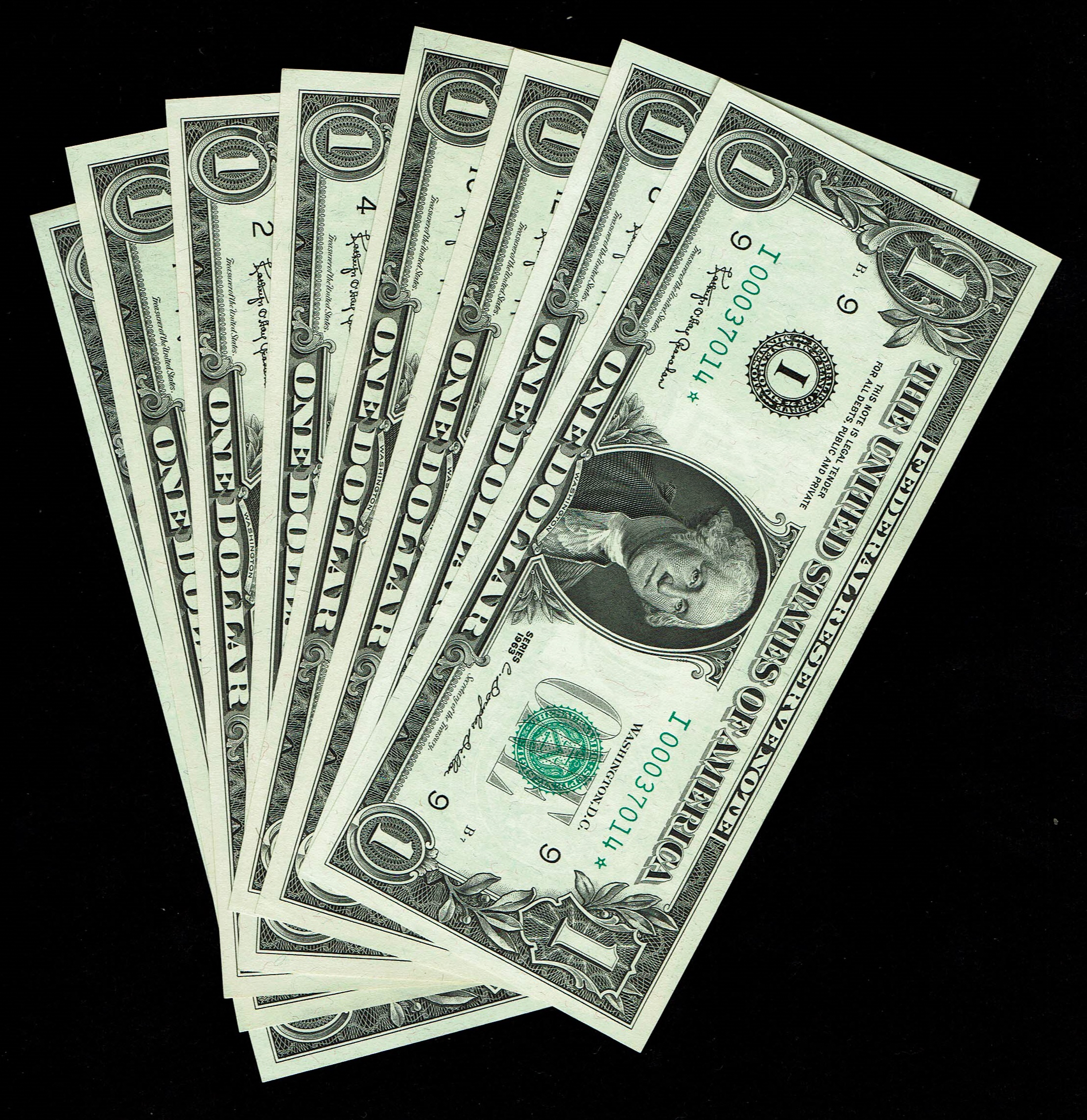 USA - Lot of 8 Banknotes of 1 Dollar 1963, All with a Star and Different Prefix - UNC - 1 0