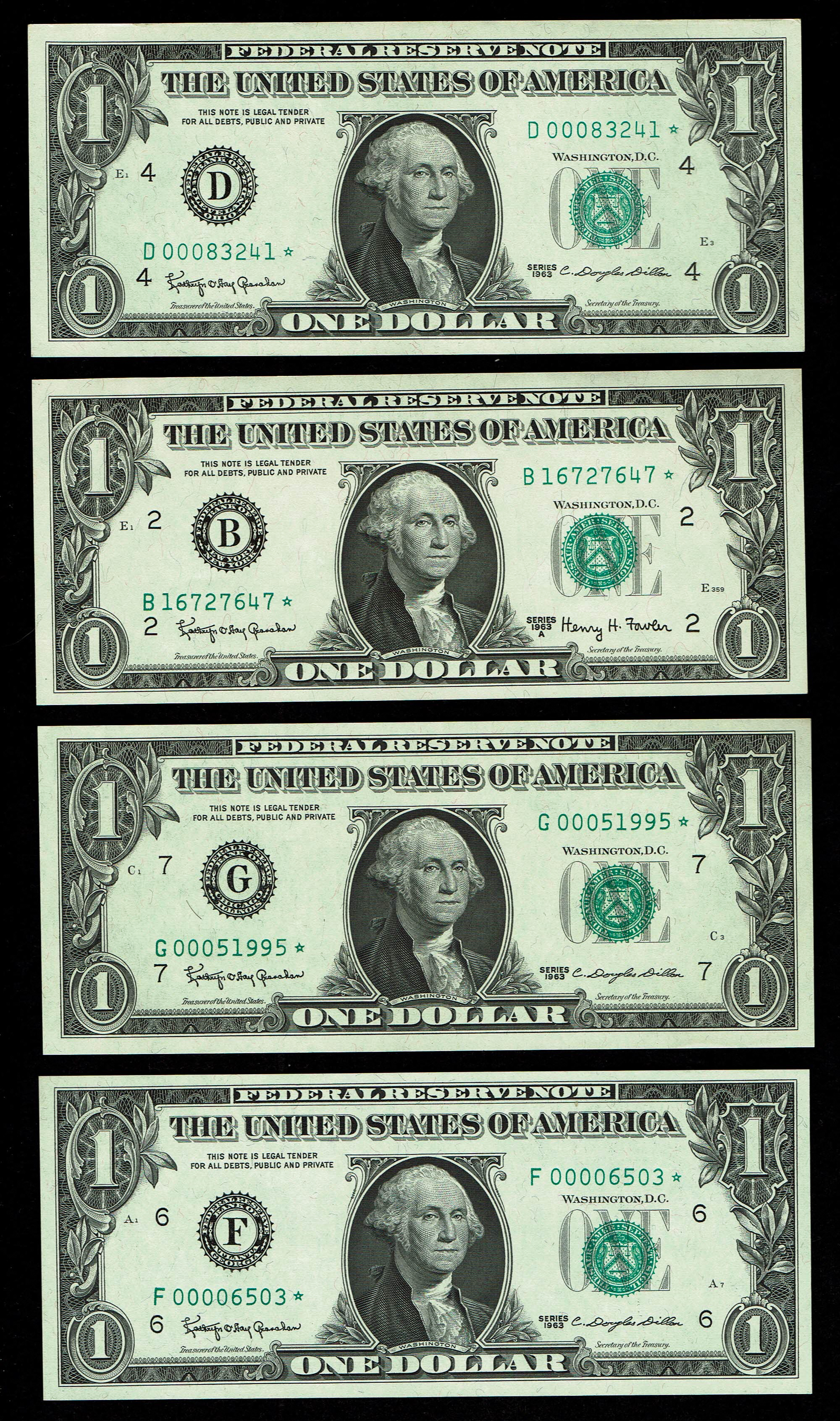 USA - Lot of 8 Banknotes of 1 Dollar 1963, All with a Star and Different Prefix - UNC - 1 3
