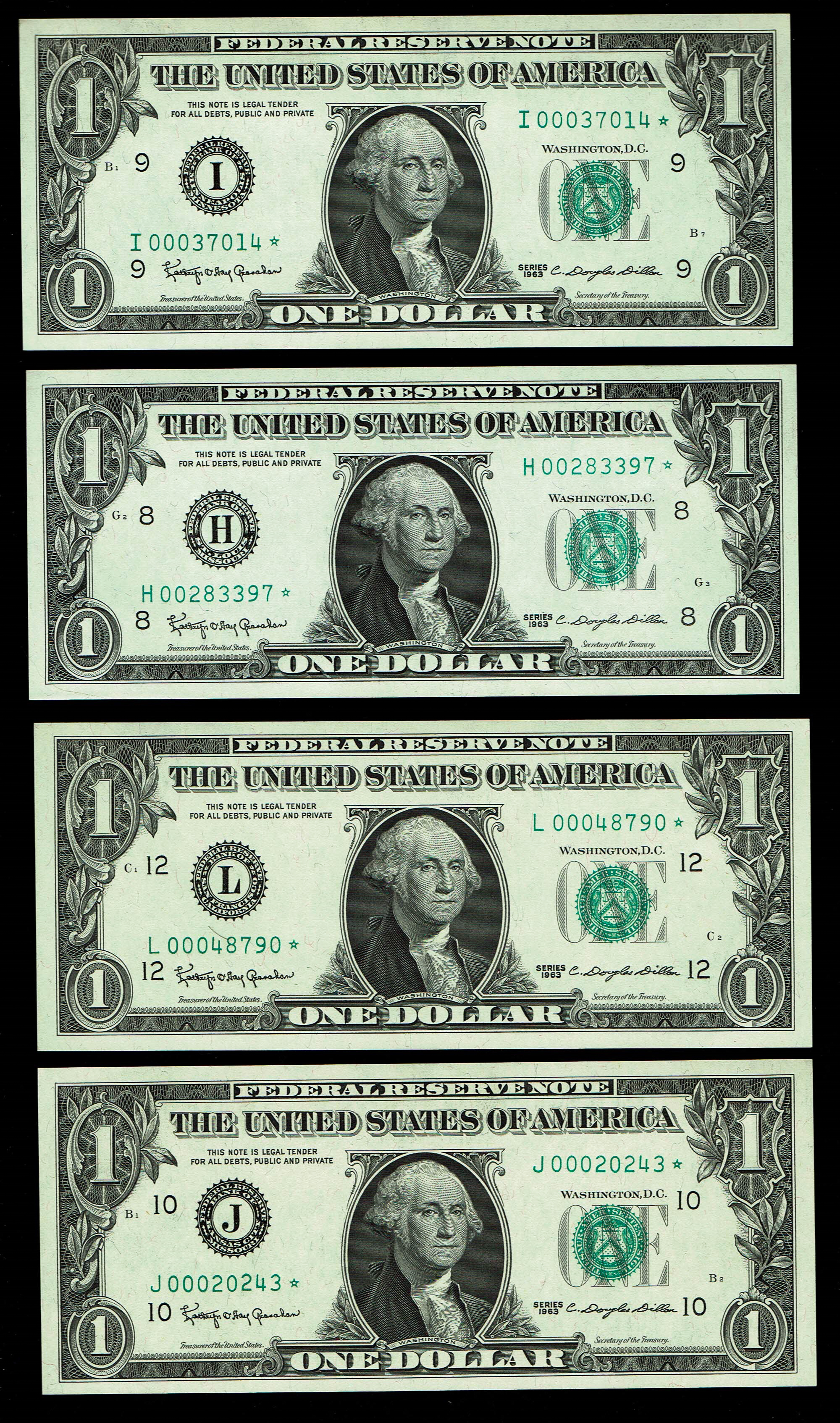 USA - Lot of 8 Banknotes of 1 Dollar 1963, All with a Star and Different Prefix - UNC - 1 1