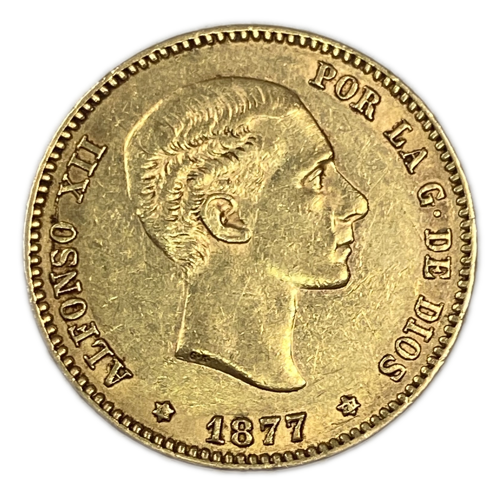 Spain - 25 Pesetas 1877 - Alfonso XII 2nd portrait - Gold 900, 8.06g, 24mm - 1 0