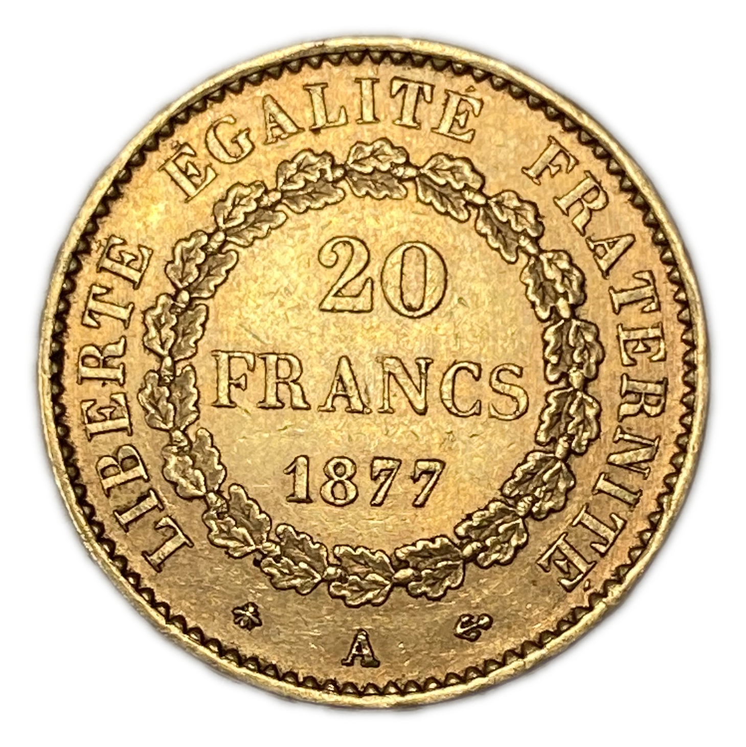 France - 20 Francs 1877 A - XF - Genius Writing the Constitution - Gold 900, 6.45g, 22mm - 1 0