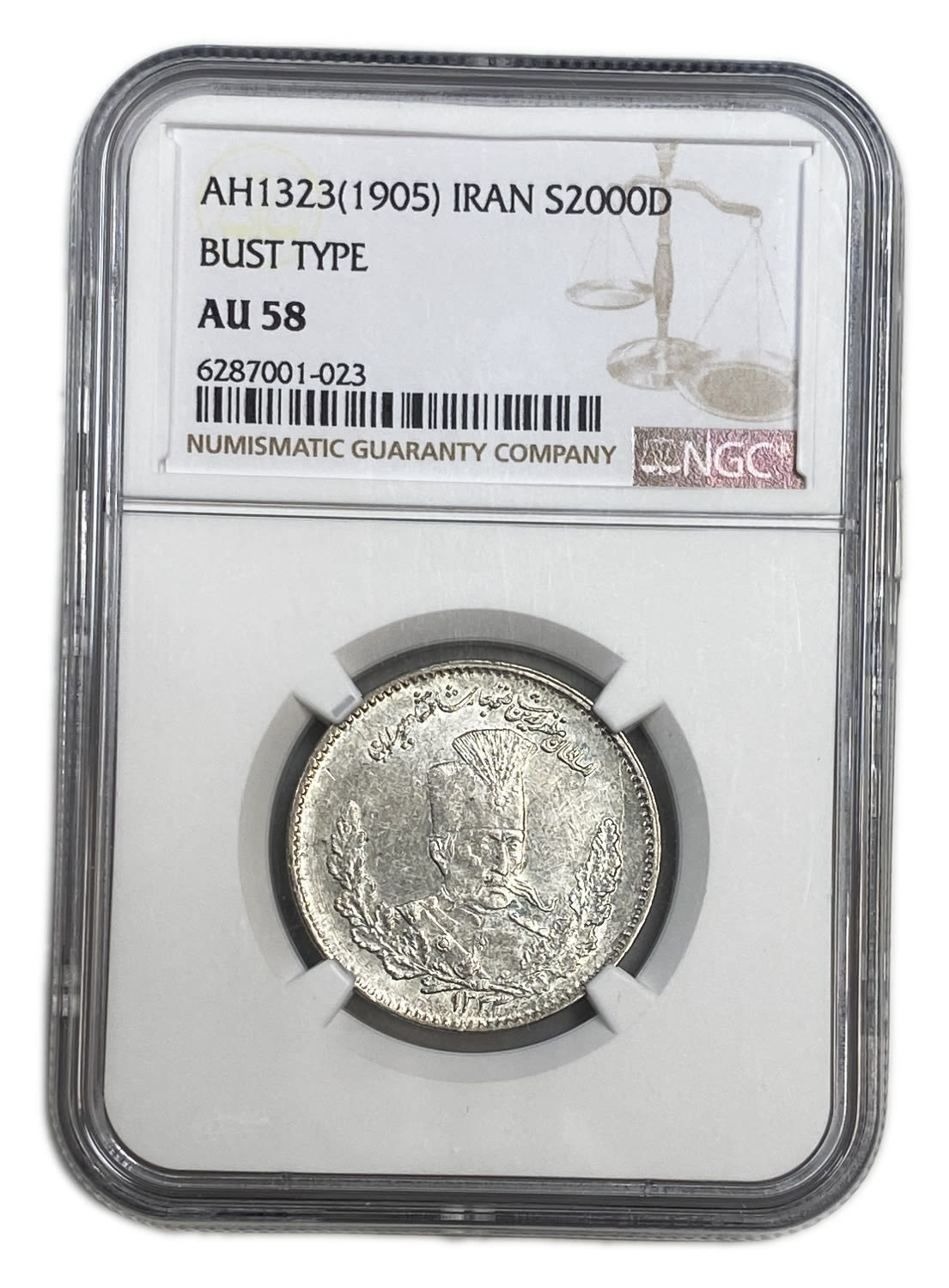 Iran - 2000 Dinar 1905 (AH 1323) - Moẓaffar od-Dīn Qājār - NGC AU 58 -Silver 900, 9.21g, 27.16 mm - 1 2