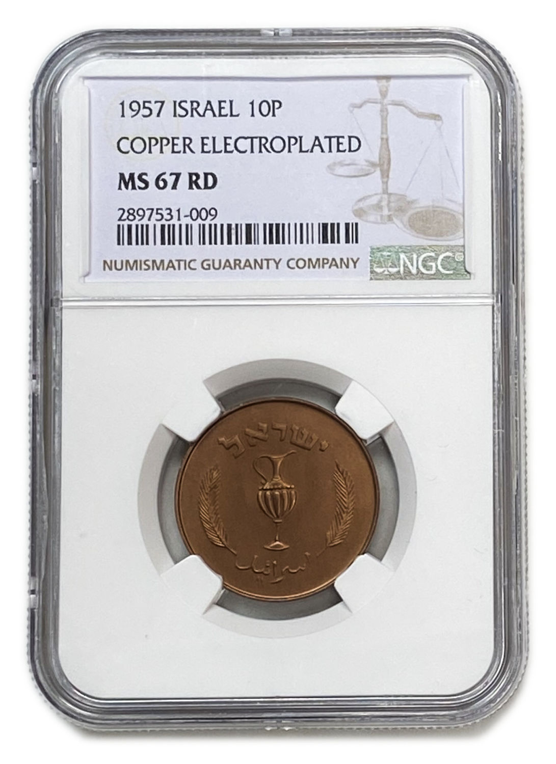 Israel - 10 Prtua 1957 Coin - Copper Electroplated - NGC MS 67 RD - 1 2